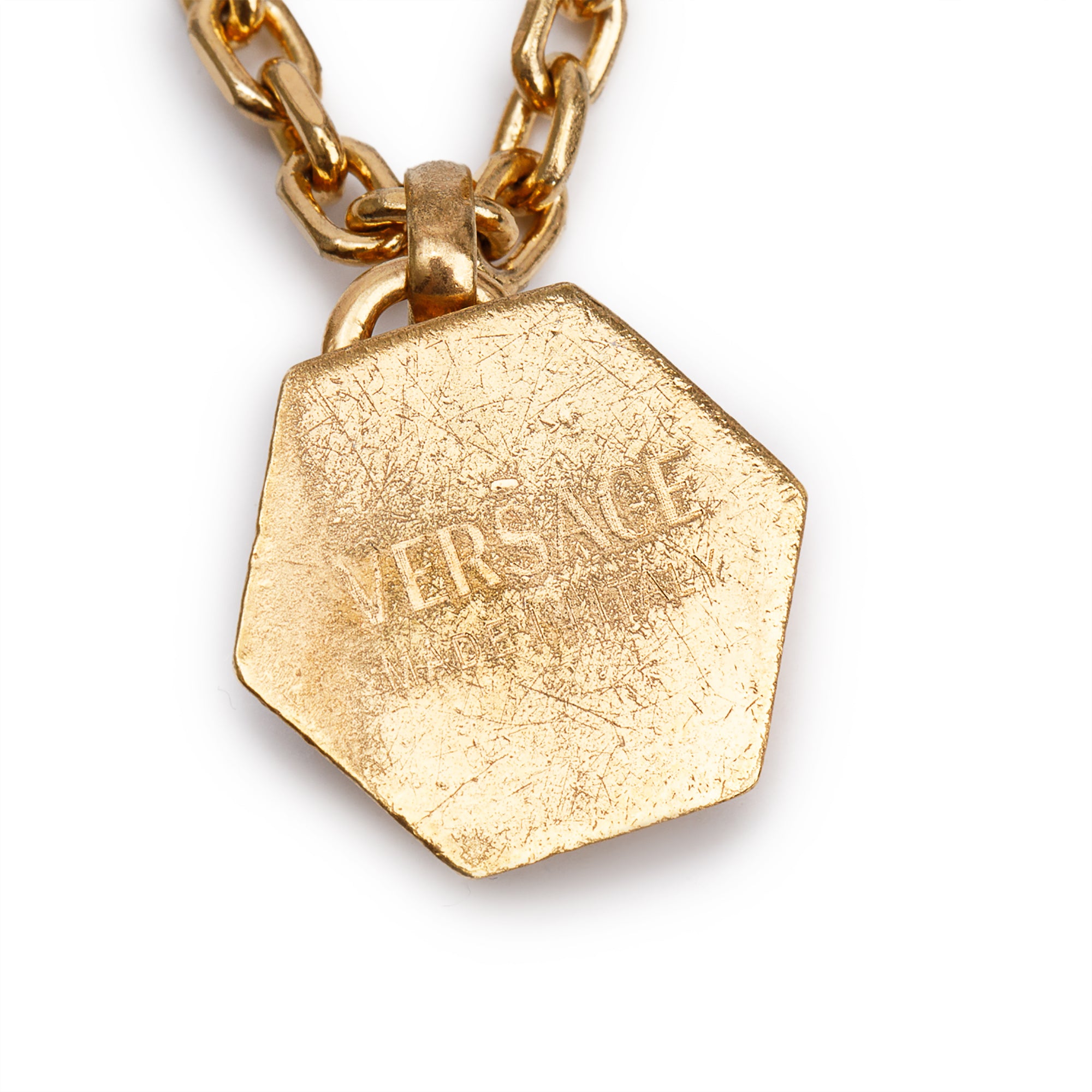Versace Gold Plated Medusa Hexagon Pendant Necklace w/ Box, Receipt & Authenticity Card