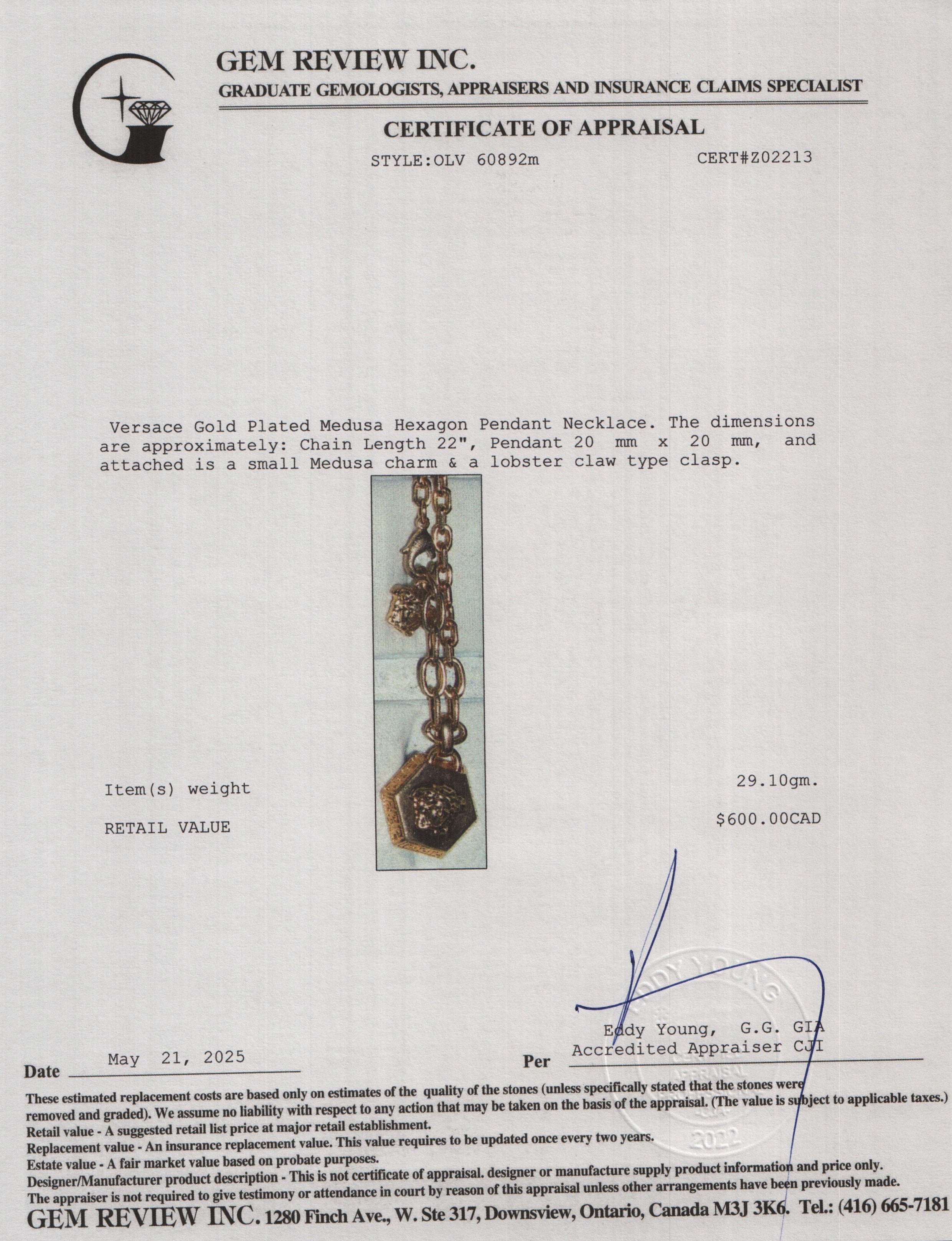 Versace Gold Plated Medusa Hexagon Pendant Necklace w/ Box, Receipt & Authenticity Card