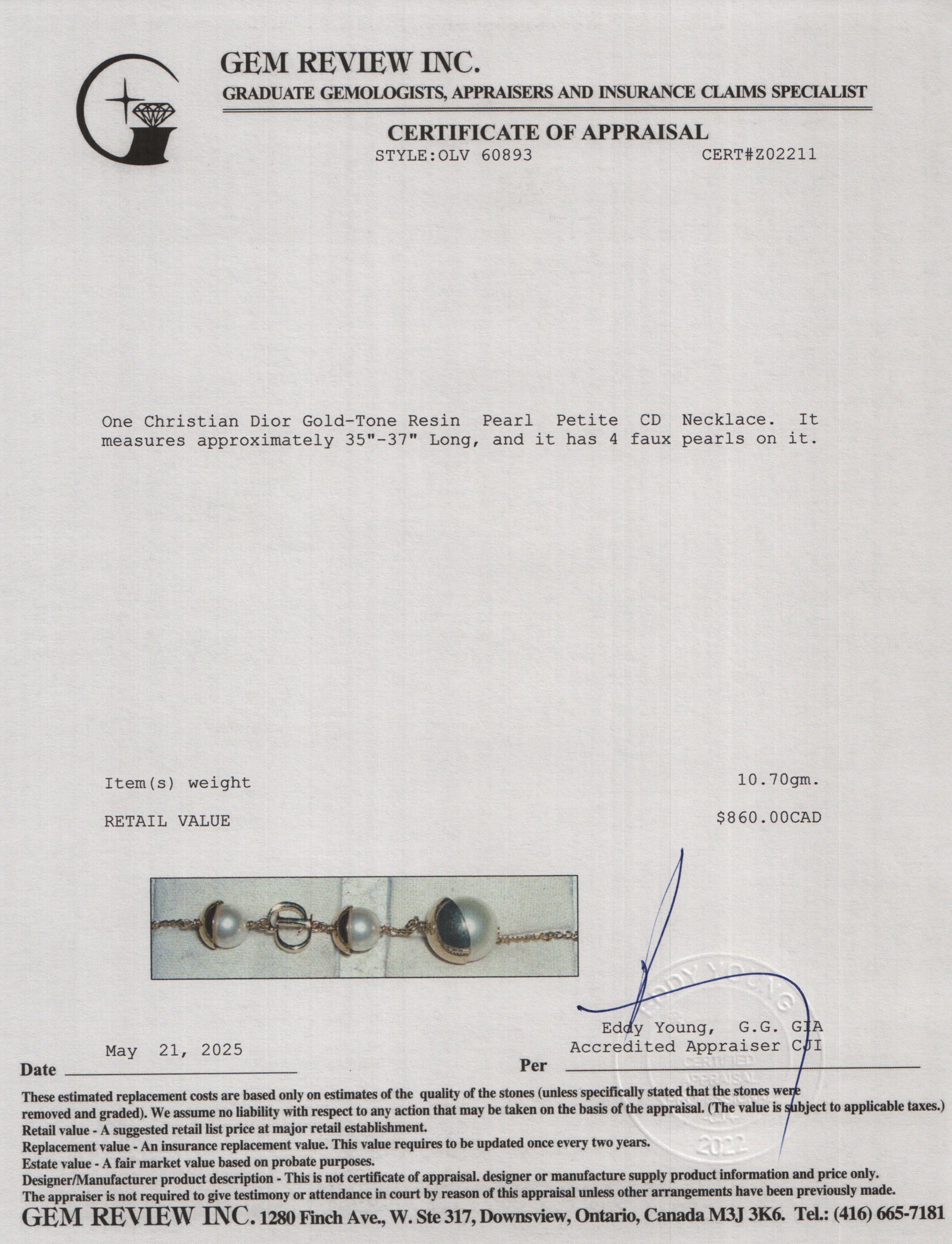 Christian Dior Gold-Tone Resin Pearl Petite CD Necklace