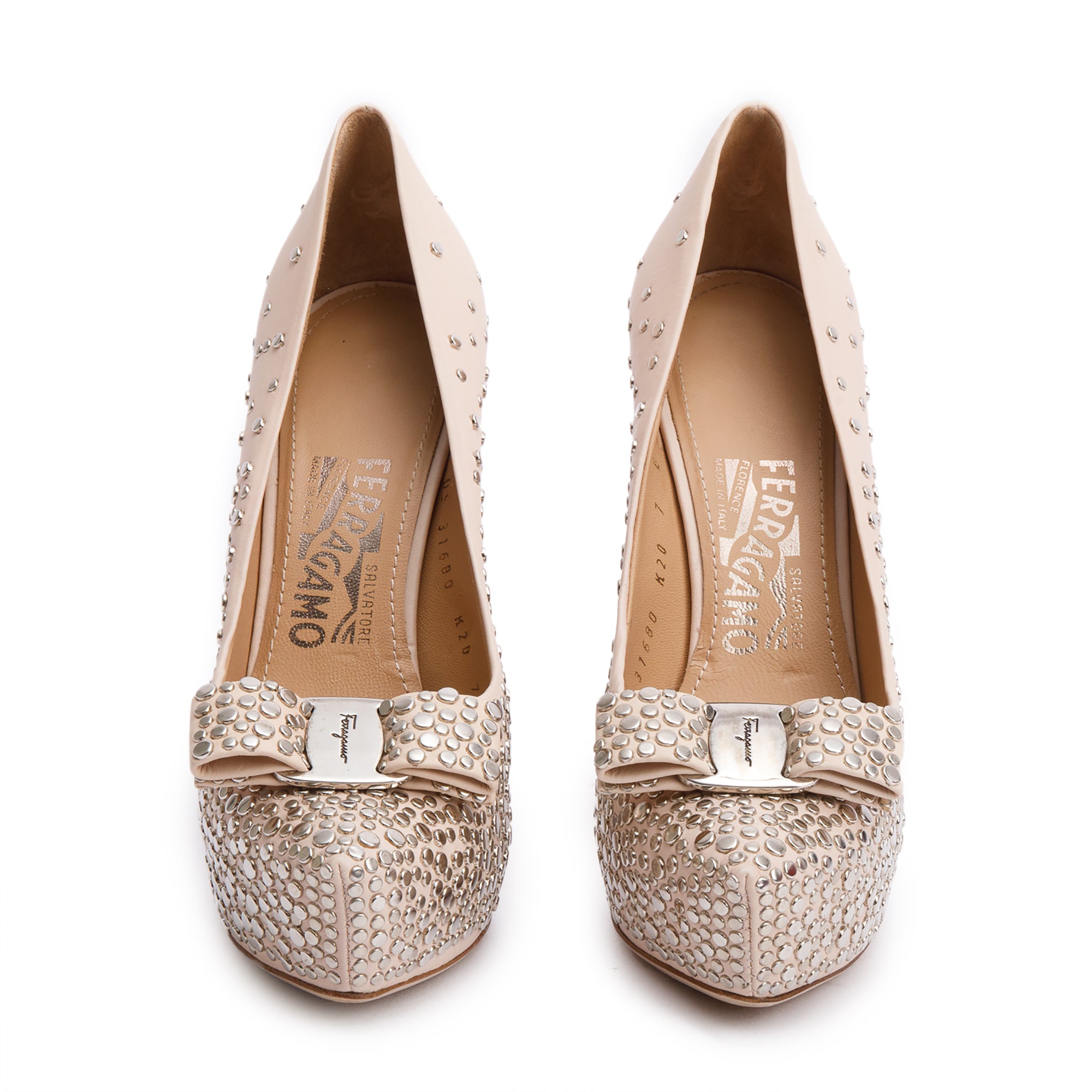 Salvatore Ferragamo Beige Leather Vara Bow Studded Platform Pumps, Size 7 w/ Box