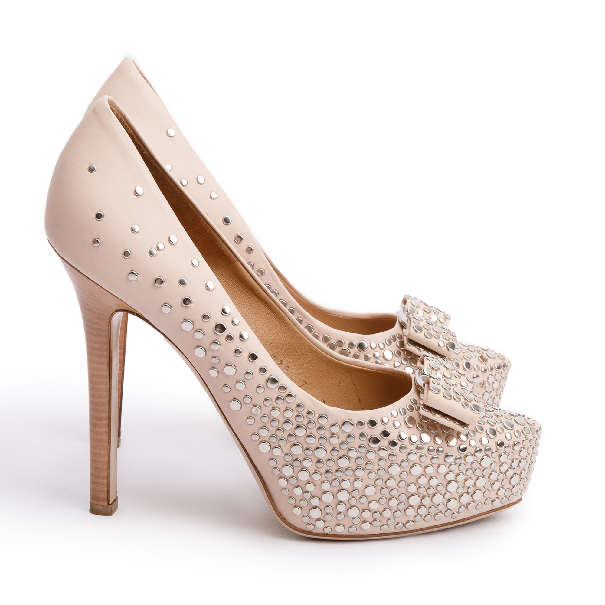 Salvatore Ferragamo Beige Leather Vara Bow Studded Platform Pumps, Size 7 w/ Box