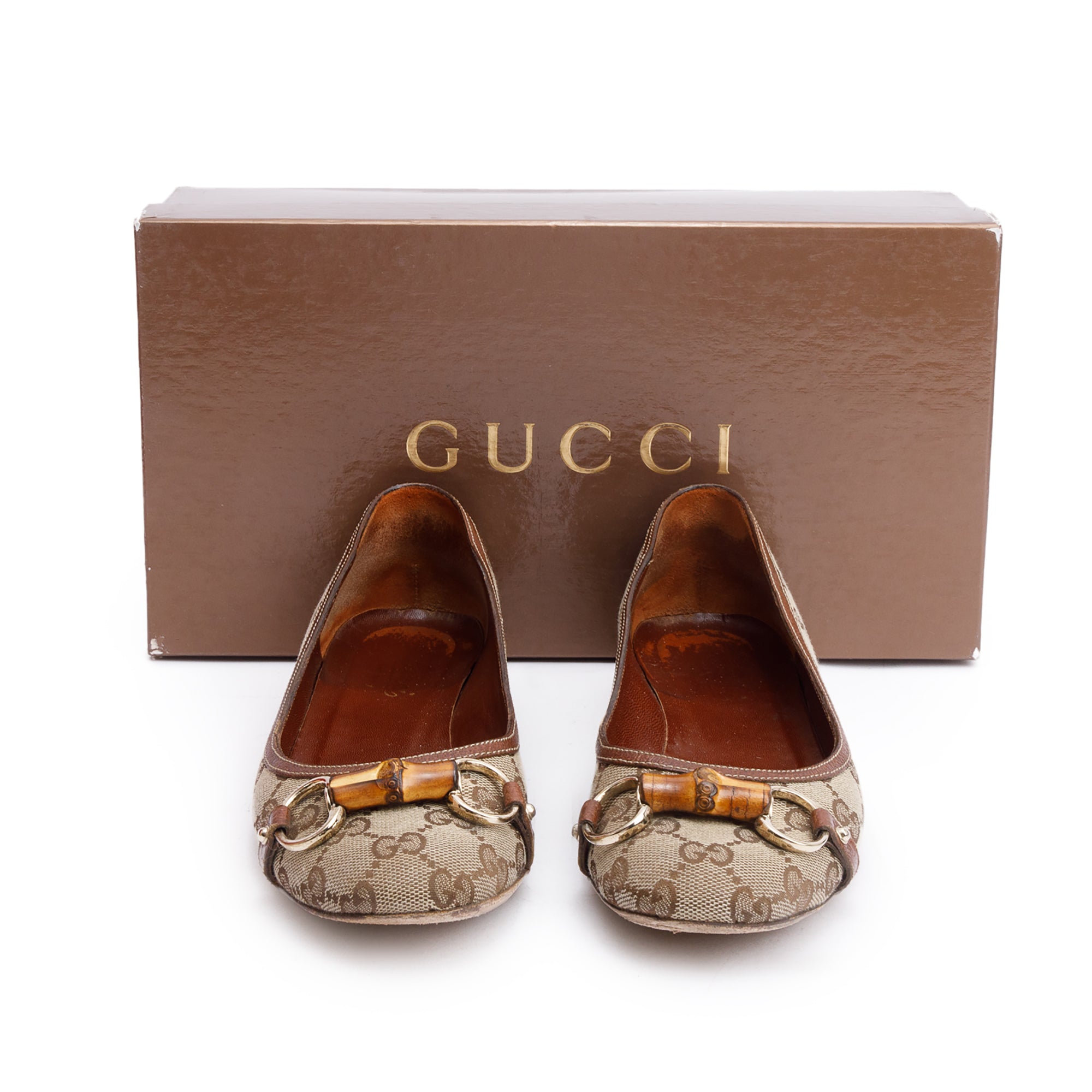 Gucci GG Canvas Horsebit Bamboo Accent Ballet Flats, Size 7.5 w/ Box