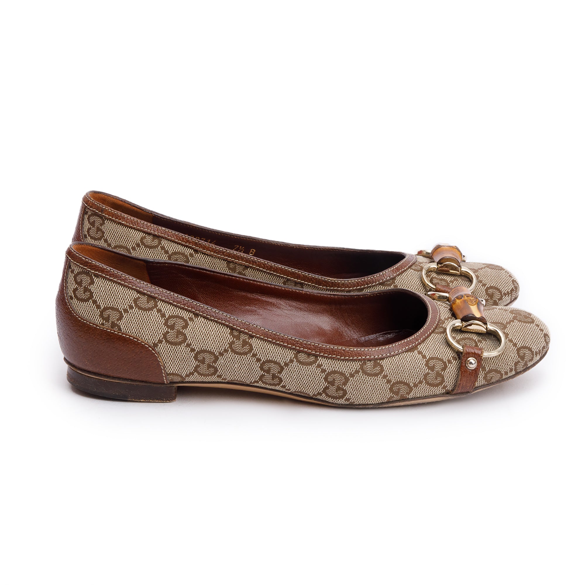Gucci GG Canvas Horsebit Bamboo Accent Ballet Flats, Size 7.5 w/ Box