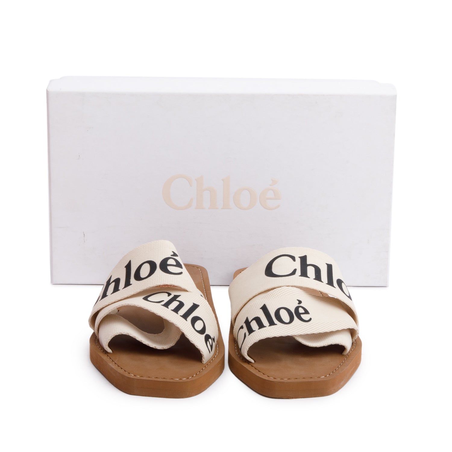 Chloe Leather Trimmed Neutral Linen Logo Woody Slide Sandals, Size 37 w/ Box