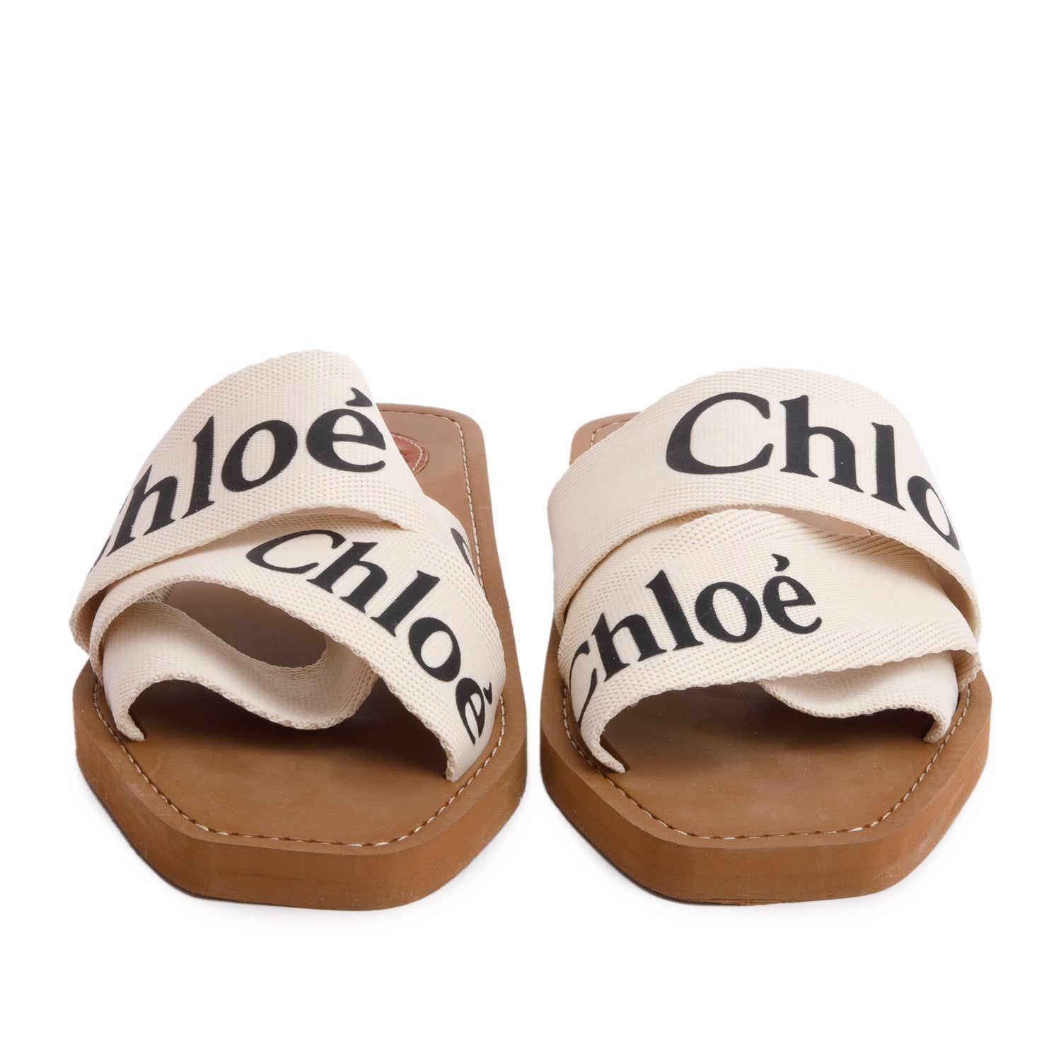 Chloe Leather Trimmed Neutral Linen Logo Woody Slide Sandals, Size 37 w/ Box