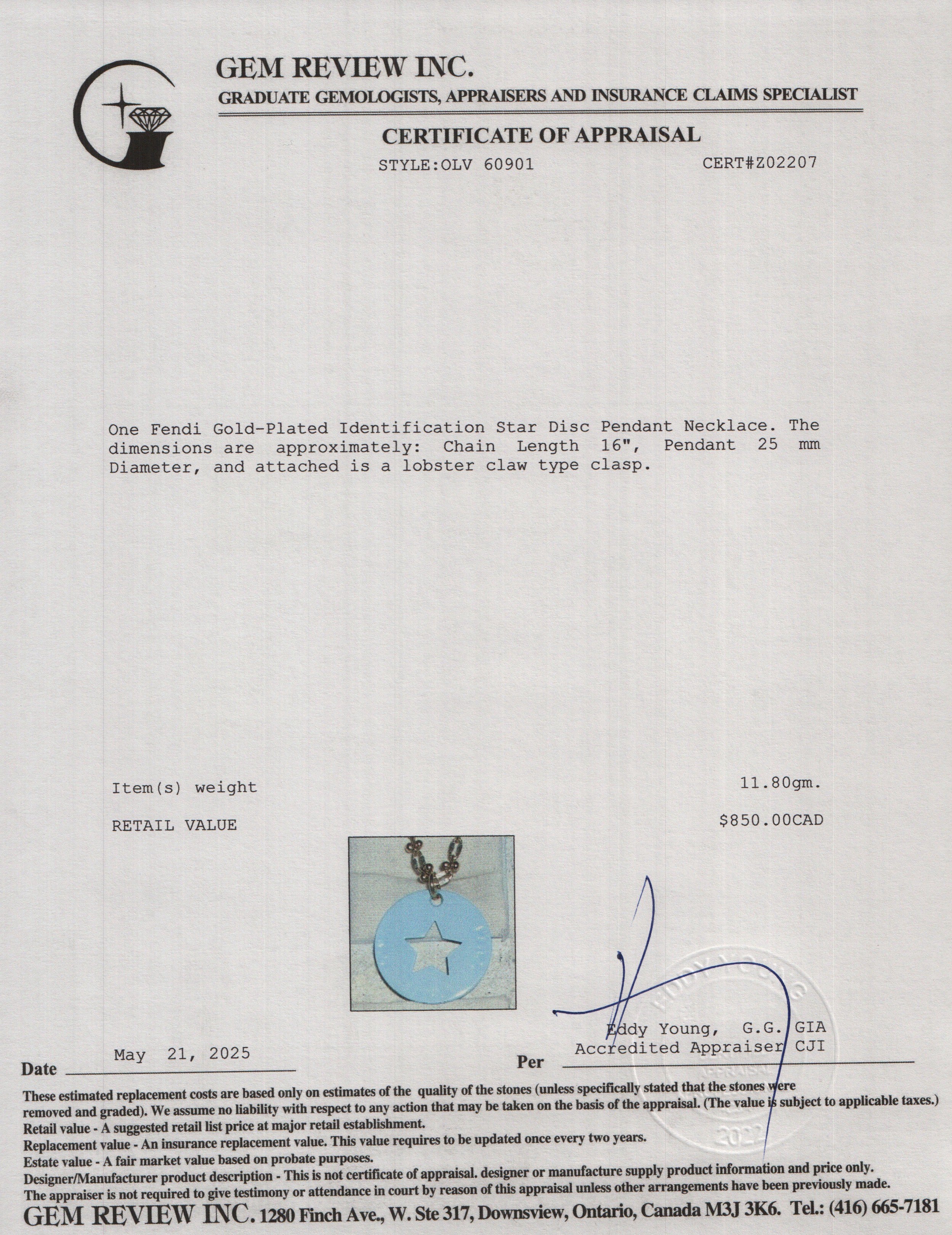 Fendi Gold-Plated Identification Star Disc Pendant Necklace