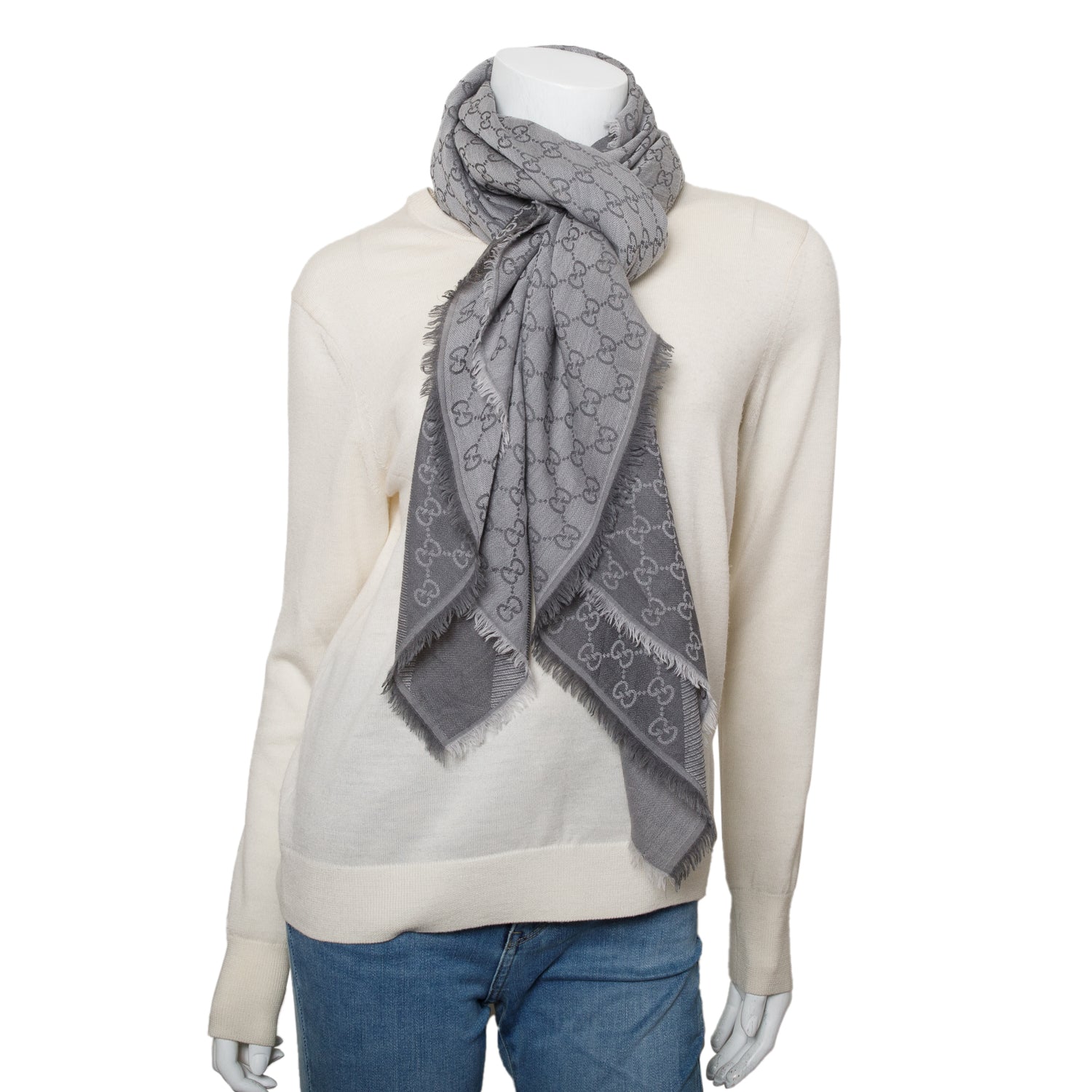 Gucci Grey GG Jacquard Wool Silk Shawl Scarf