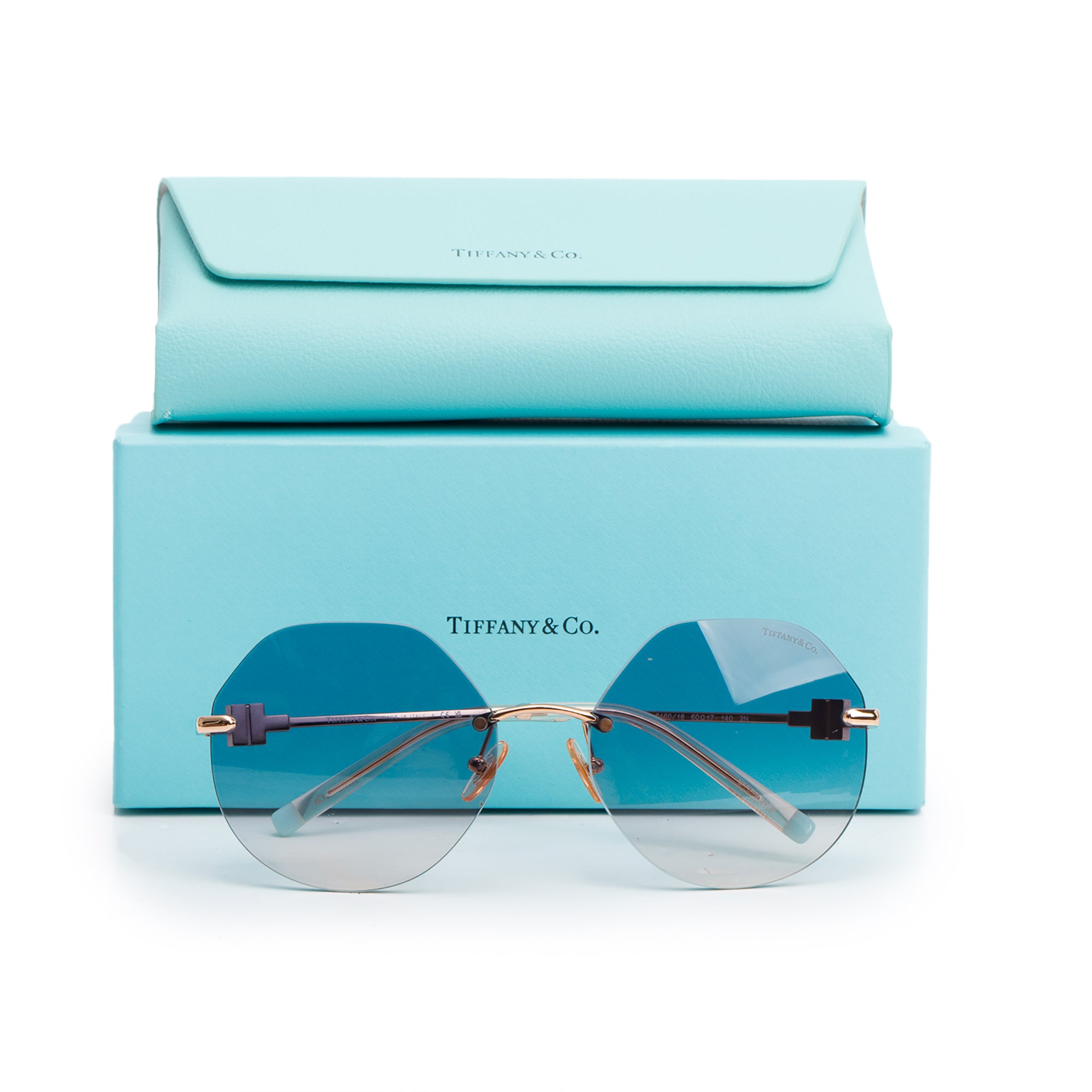 Tiffany & Co. TF 3077 Rose Gold Tone Metal Mother of Pearl T Rimless Sunglasses w/ Box & Case