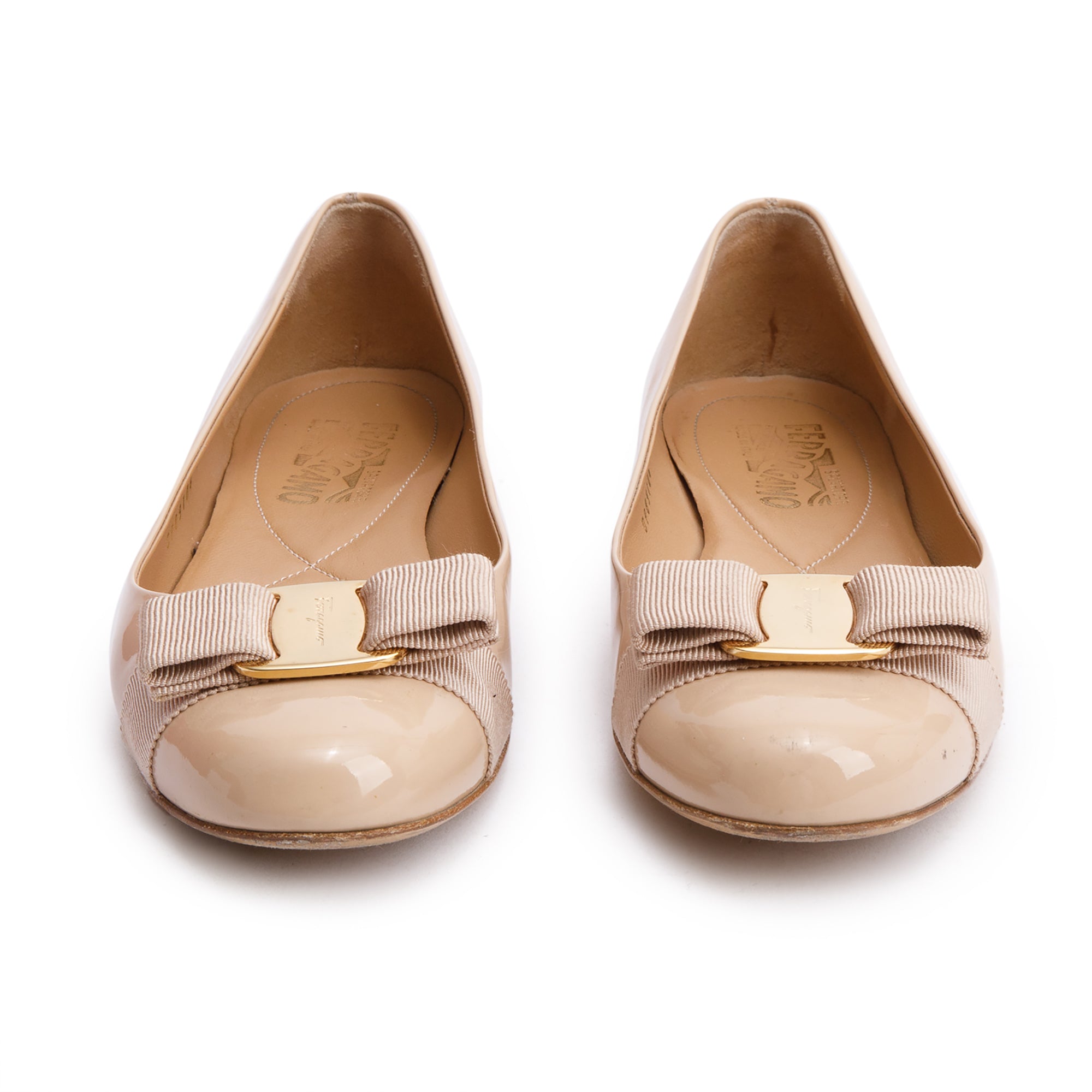Salvatore Ferragamo Beige Patent Leather Vara Bow Ballet Flats, Size 7.5 w/ Box