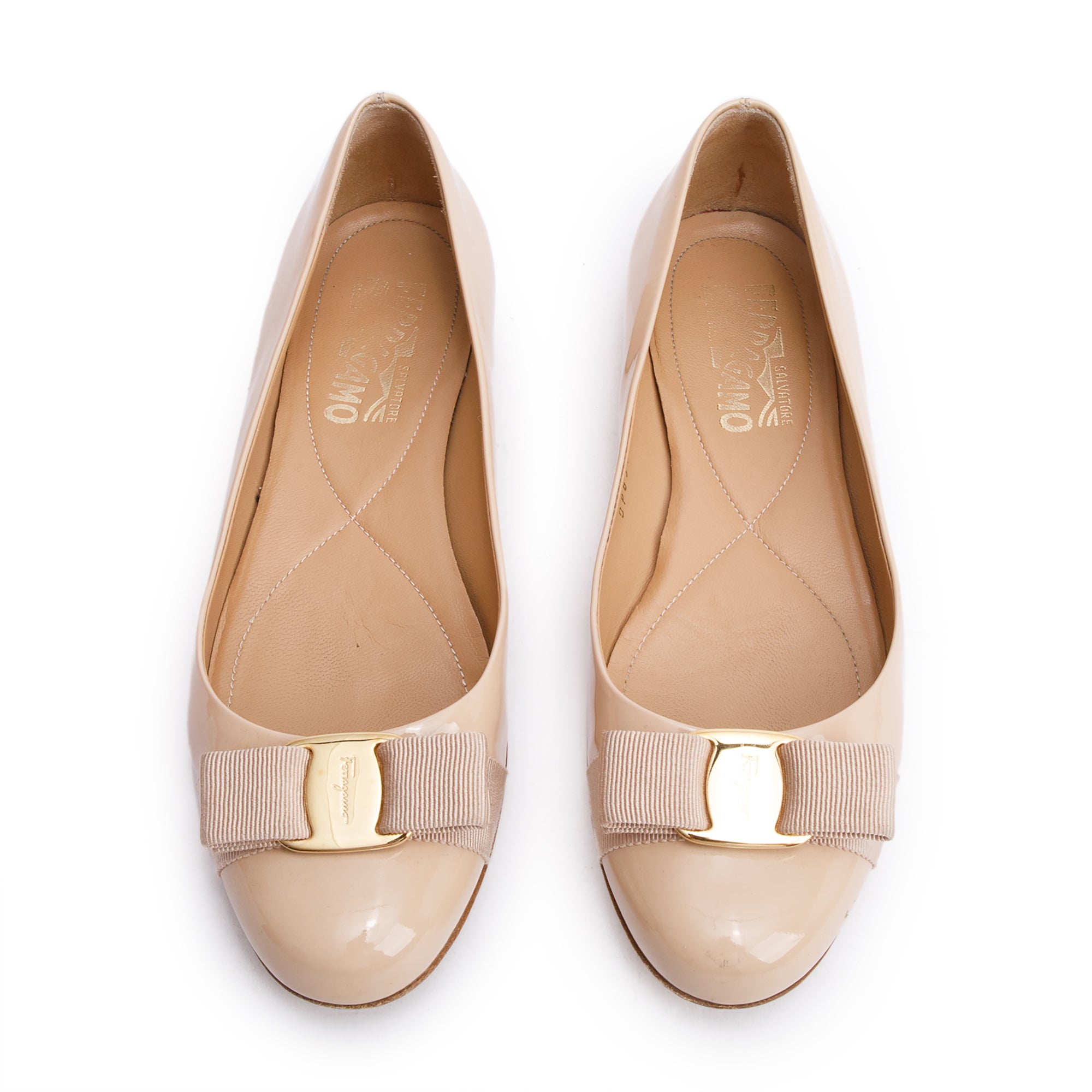 Salvatore Ferragamo Beige Patent Leather Vara Bow Ballet Flats, Size 7.5 w/ Box