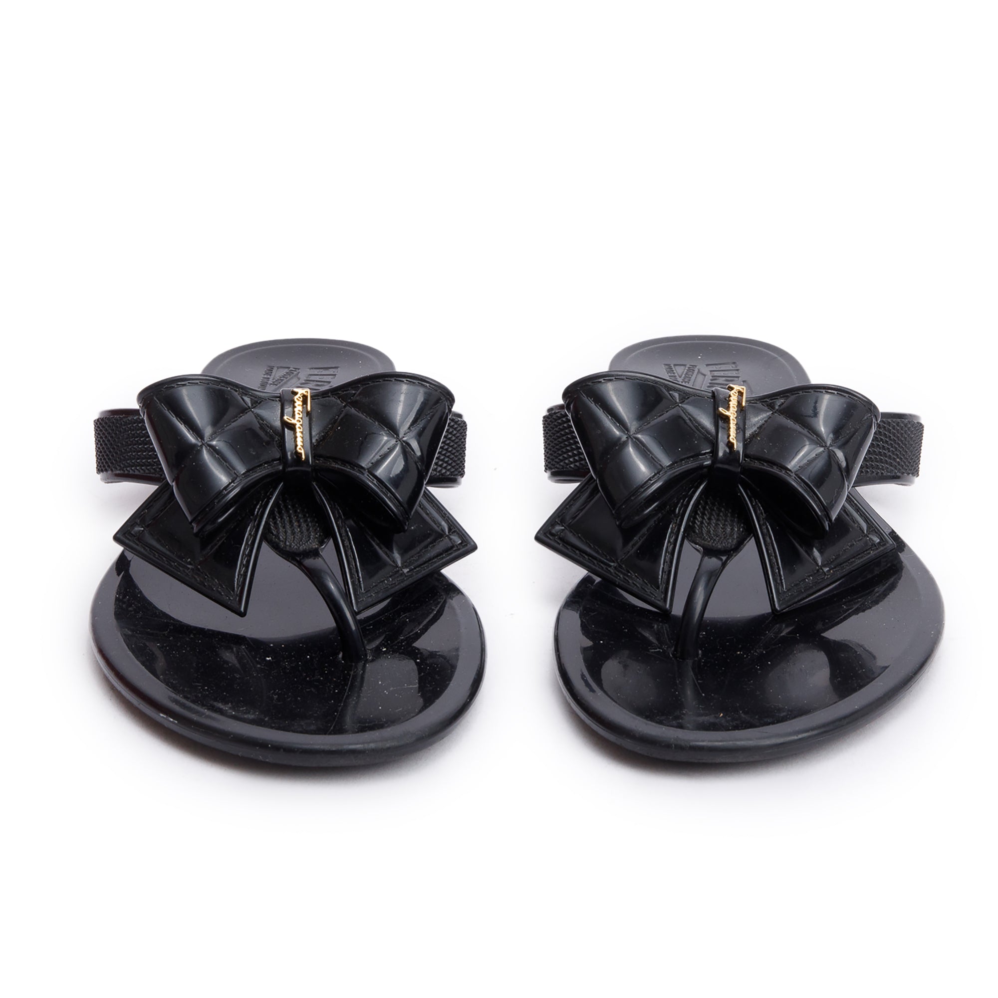Salvatore Ferragamo Black Rubber Bow T-Strap Sandals, Size 7 w/ Box