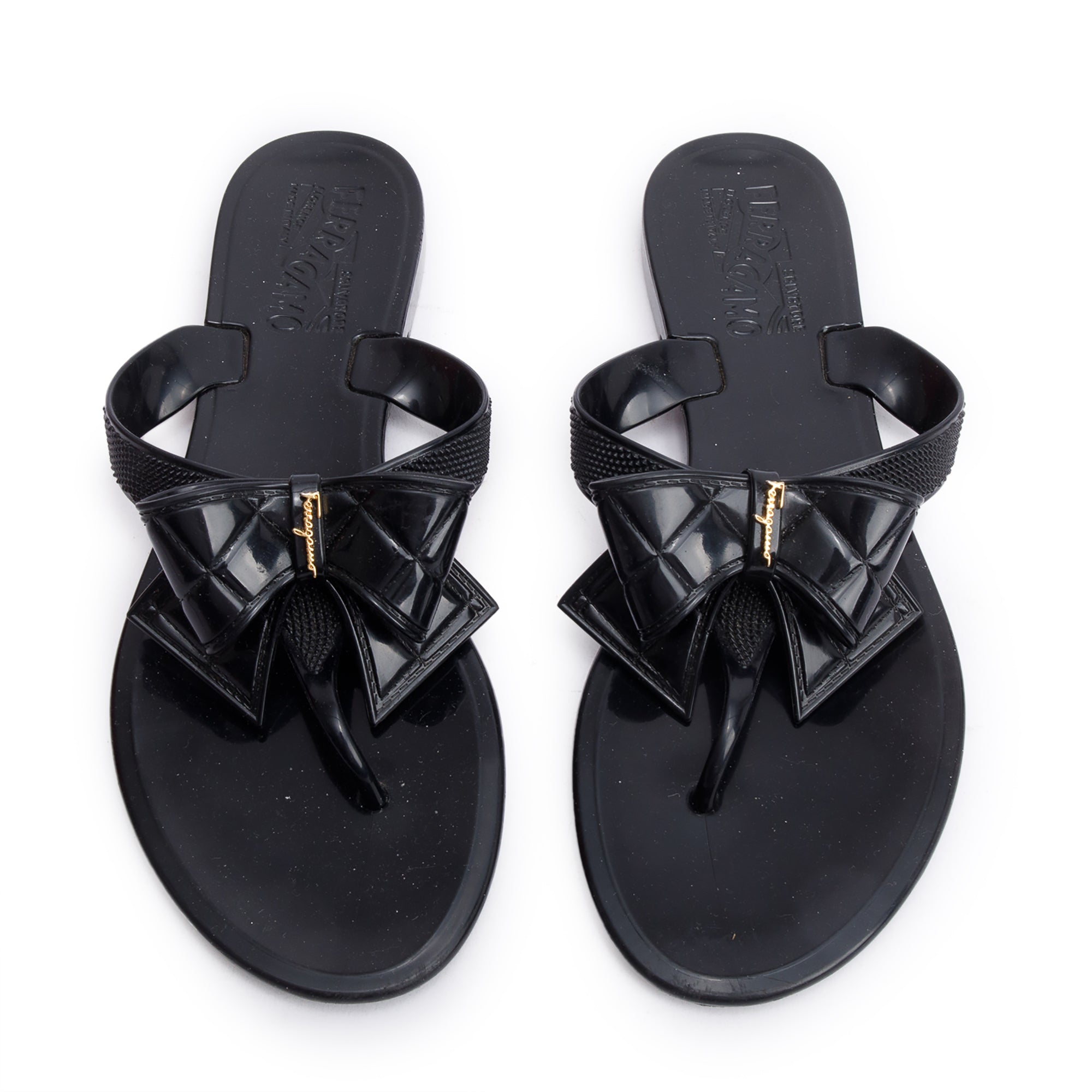 Salvatore Ferragamo Black Rubber Bow T-Strap Sandals, Size 7 w/ Box