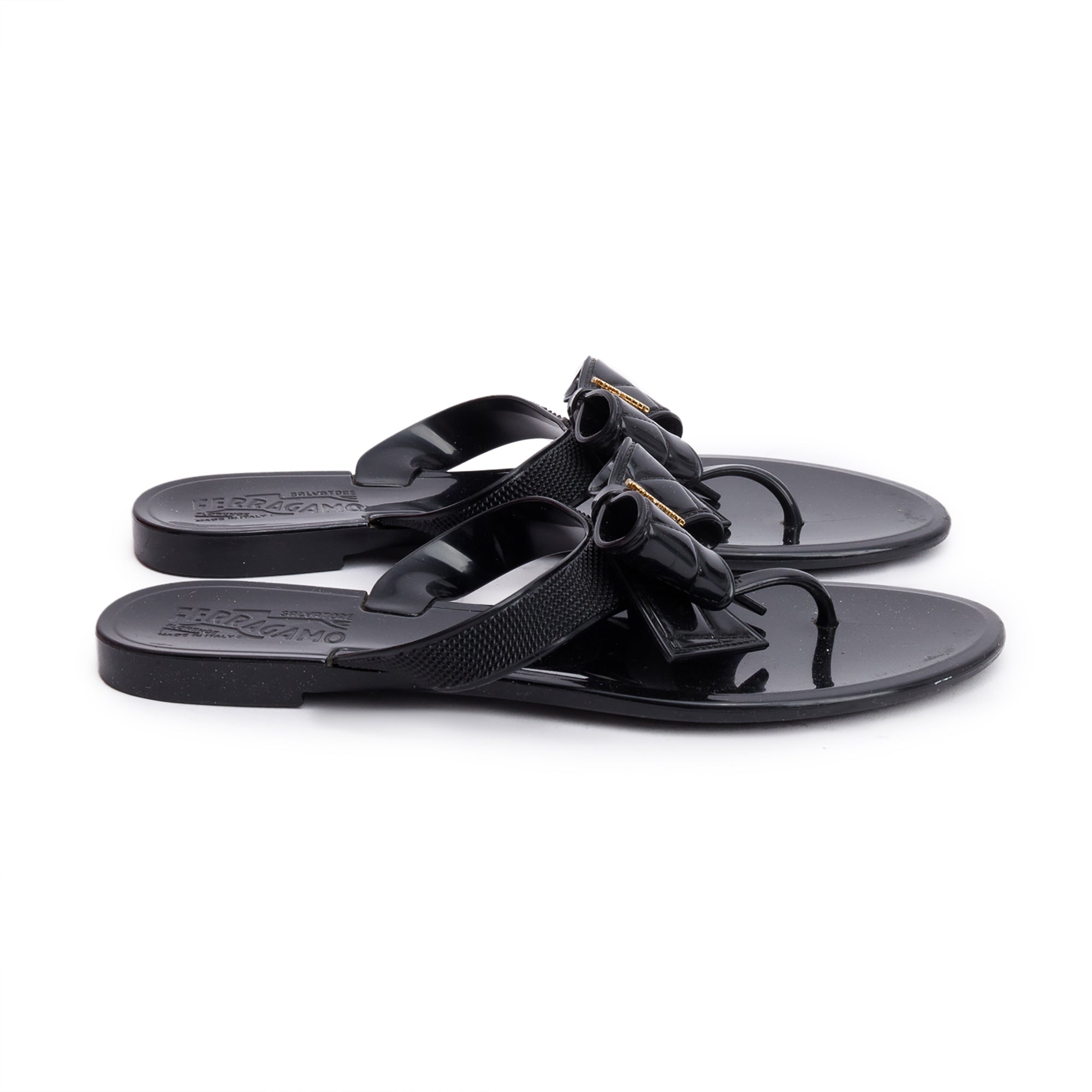 Salvatore Ferragamo Black Rubber Bow T-Strap Sandals, Size 7 w/ Box