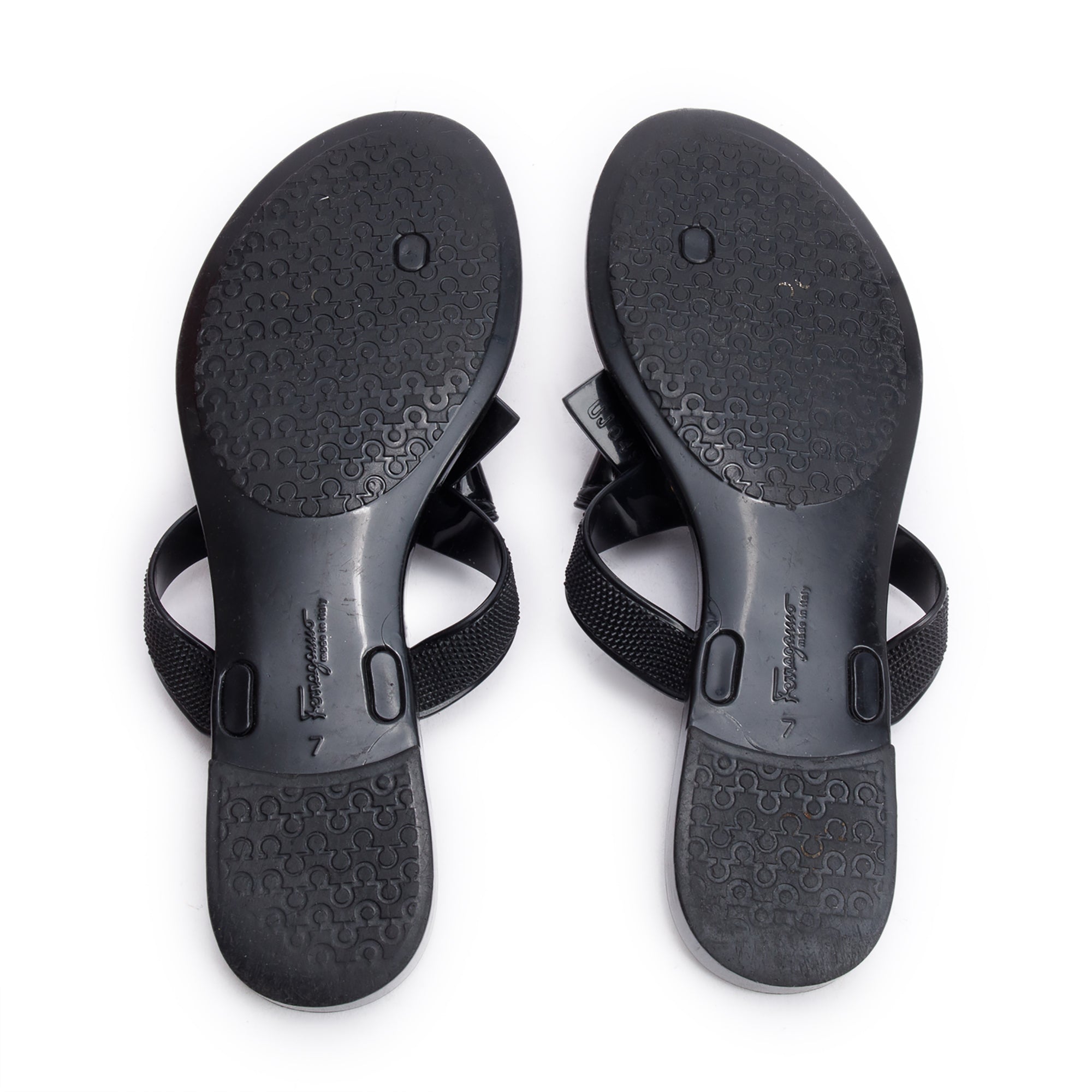 Salvatore Ferragamo Black Rubber Bow T-Strap Sandals, Size 7 w/ Box