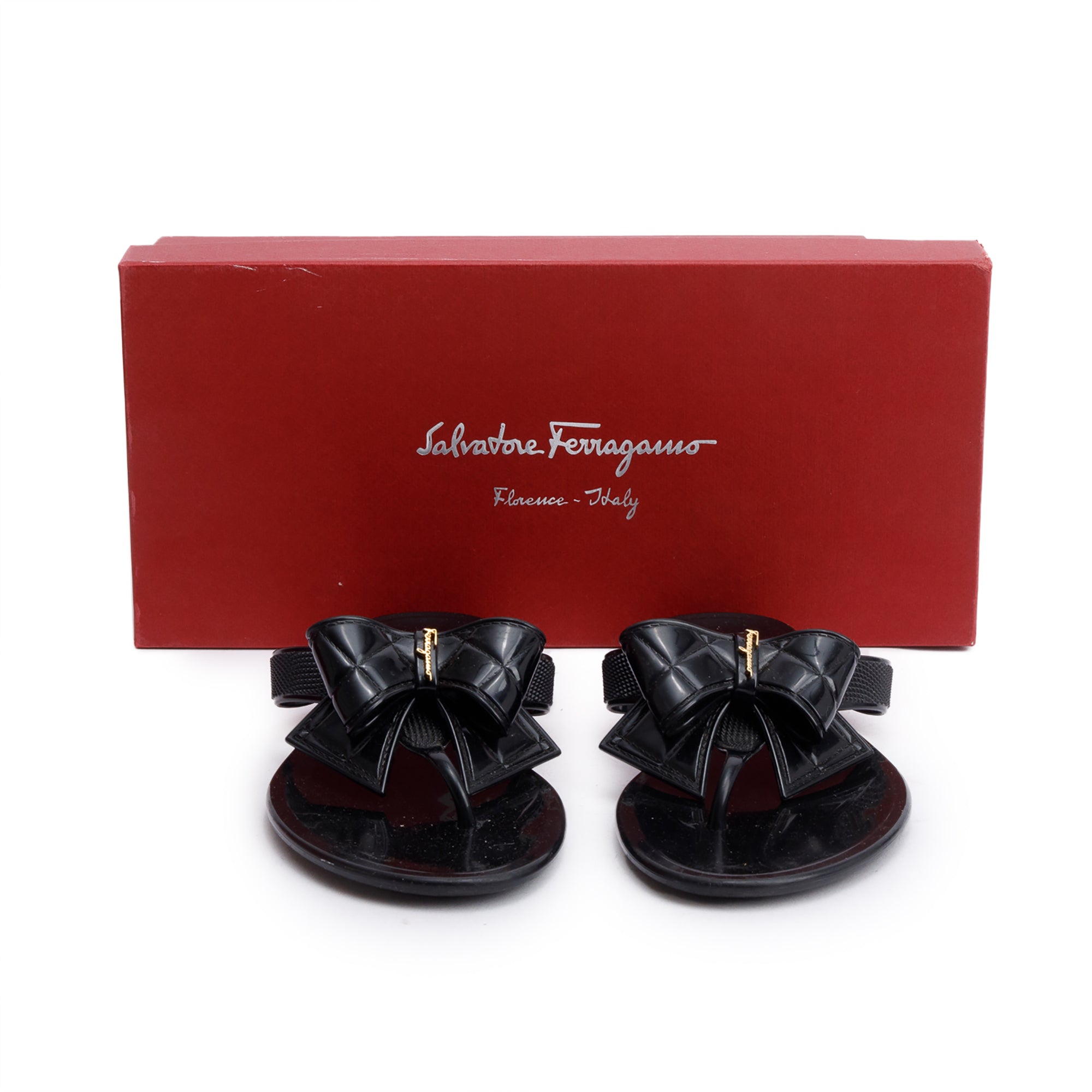Salvatore Ferragamo Black Rubber Bow T-Strap Sandals, Size 7 w/ Box