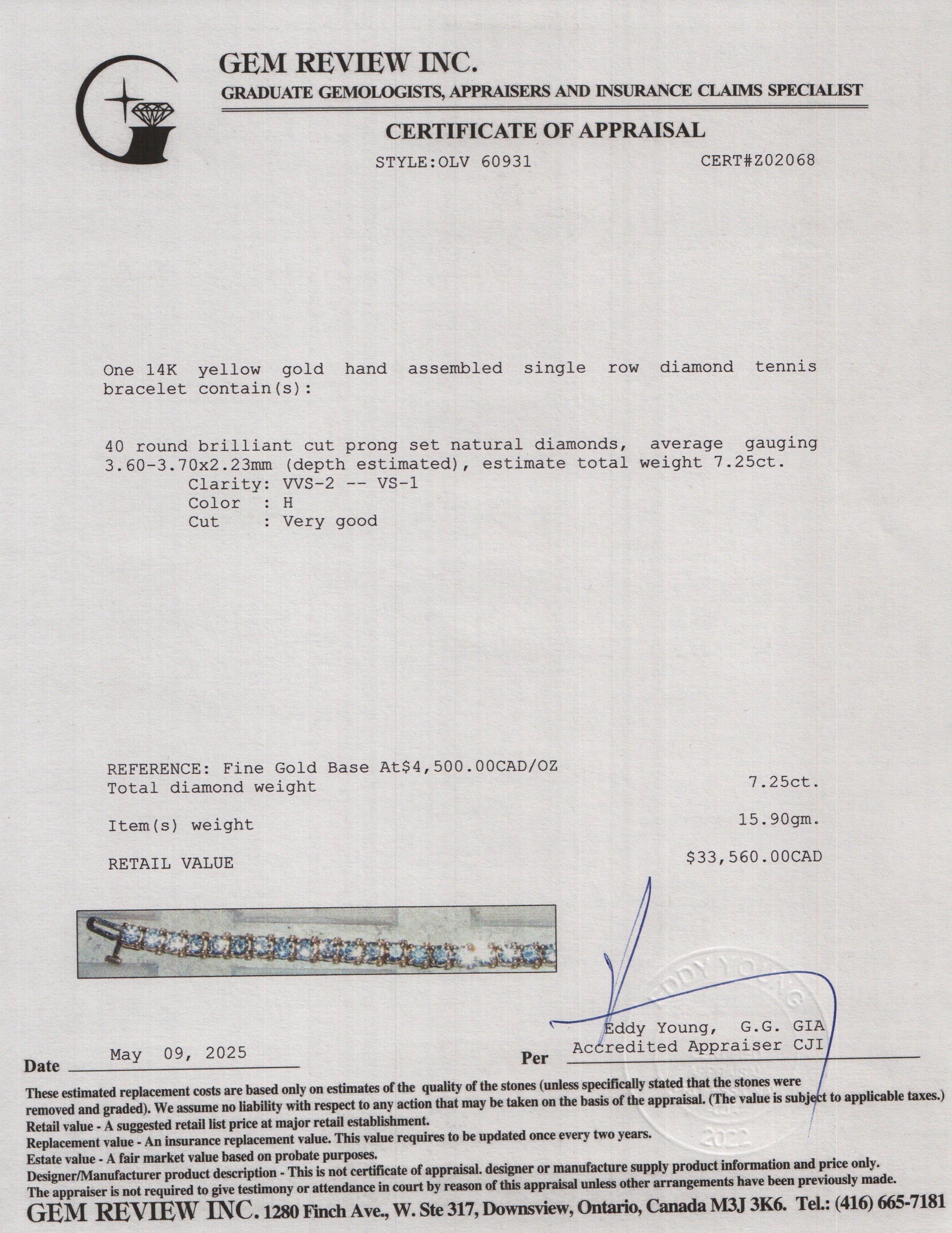 14k Yellow Gold 7.25 tcw. Diamond Tennis Bracelet