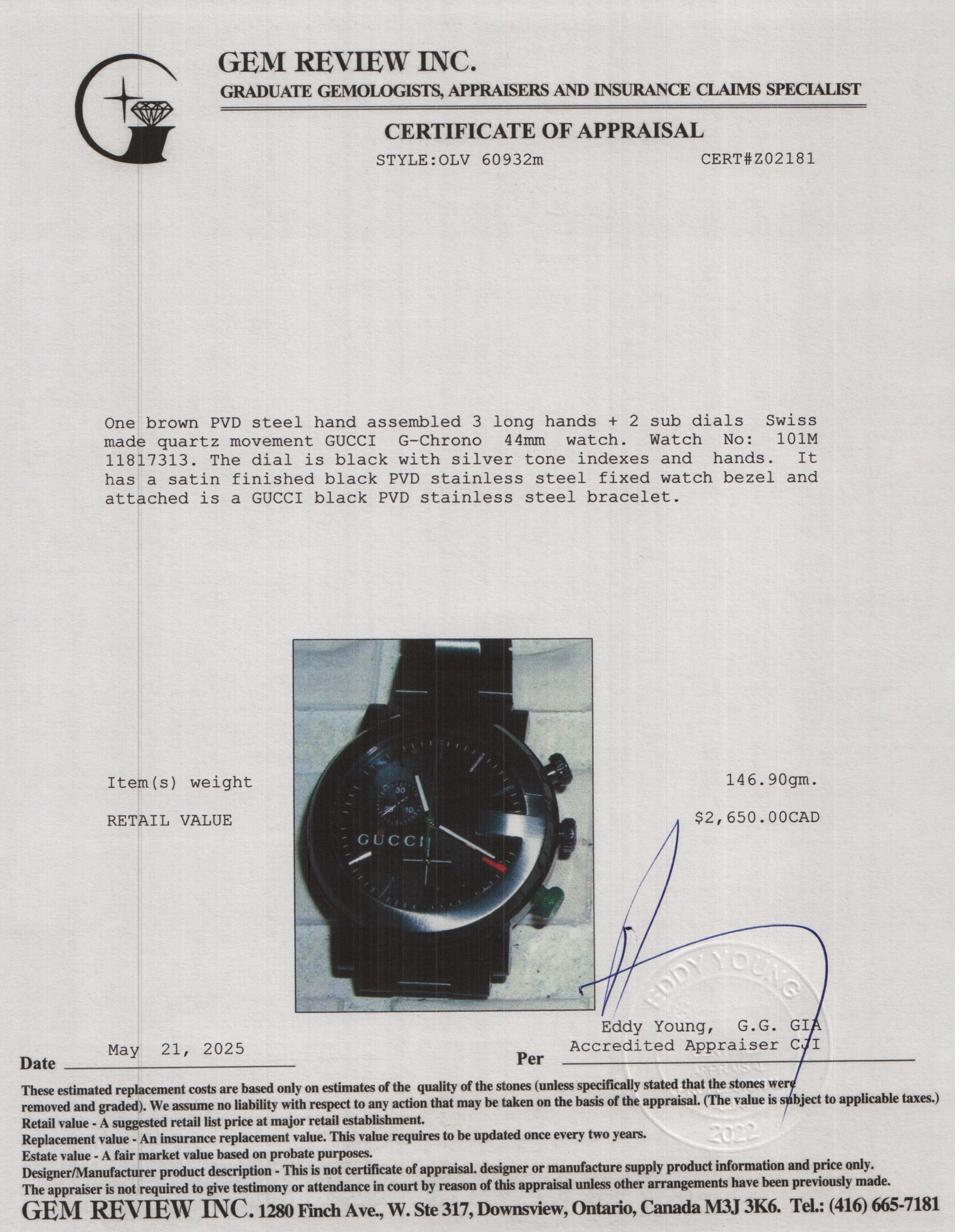 Gucci Black PVD Stainless Steel G-Chrono 44 MM Watch w/ Box