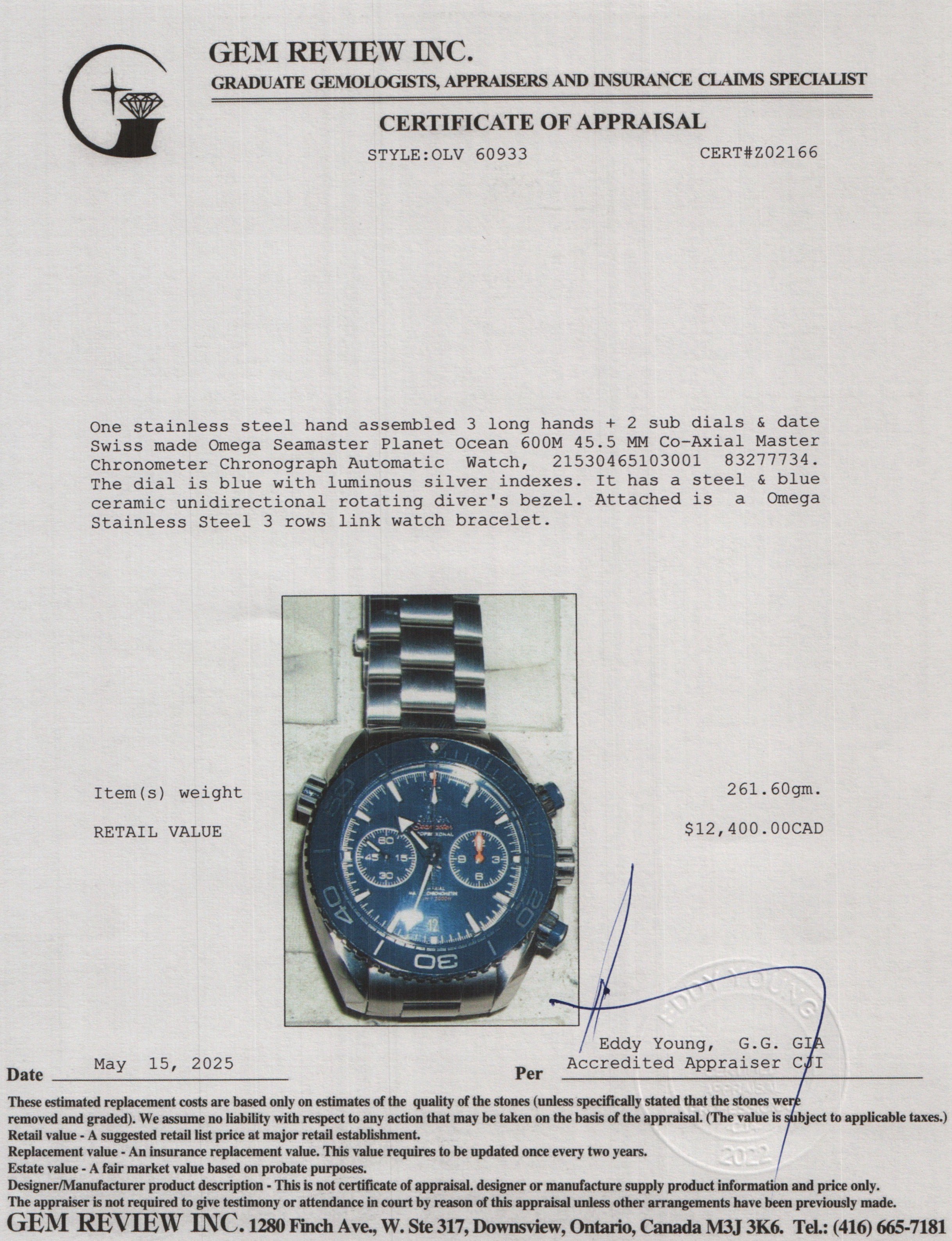 Omega 2021 Stainless Steel Seamaster Planet Ocean 600M 45.5 MM Co-Axial Master Chronometer Chronograph Automatic Watch Blue Dial w/ Box & Papers