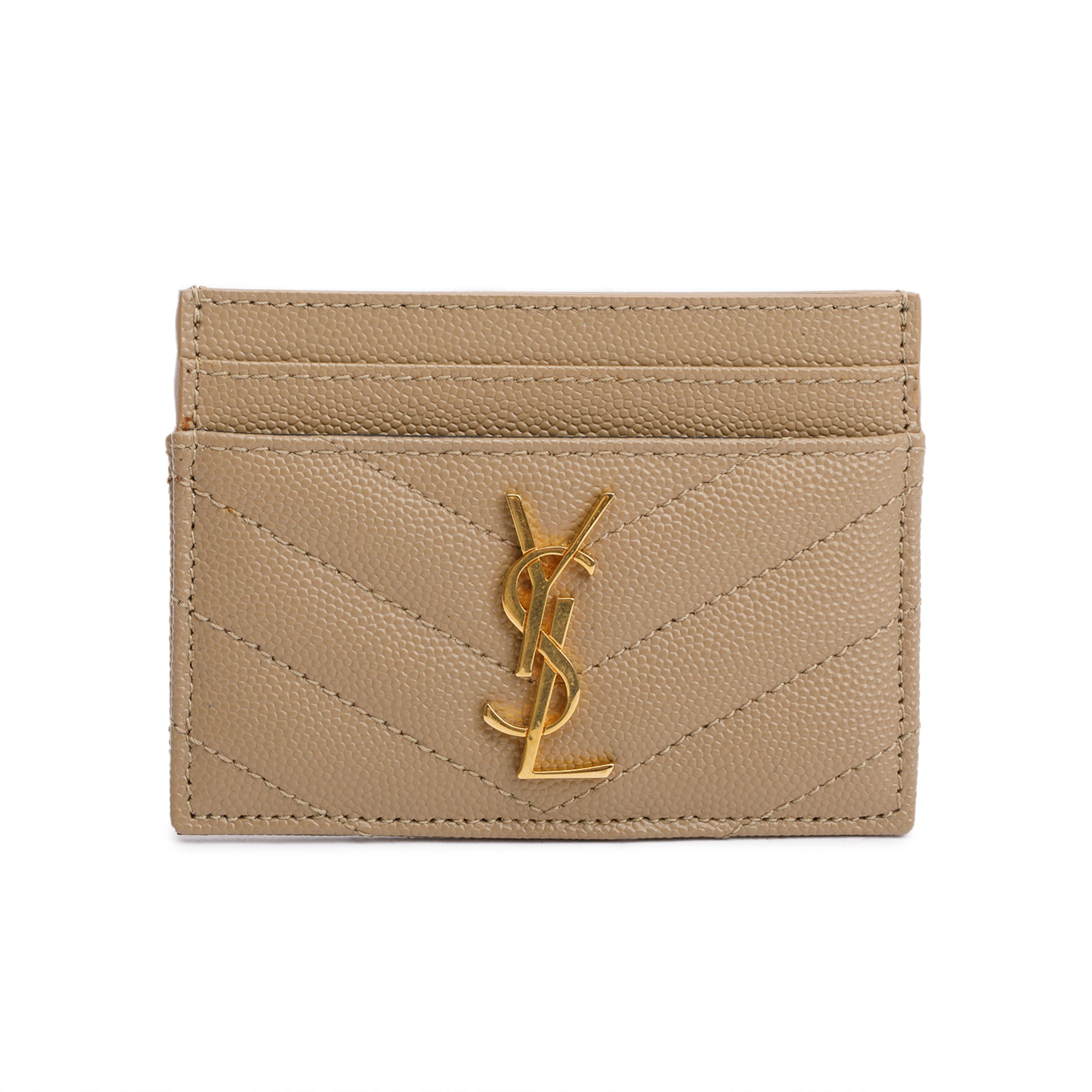 Saint Laurent Beige Grain de Poudre Matelasse Chevron Leather Card Case w/ Box