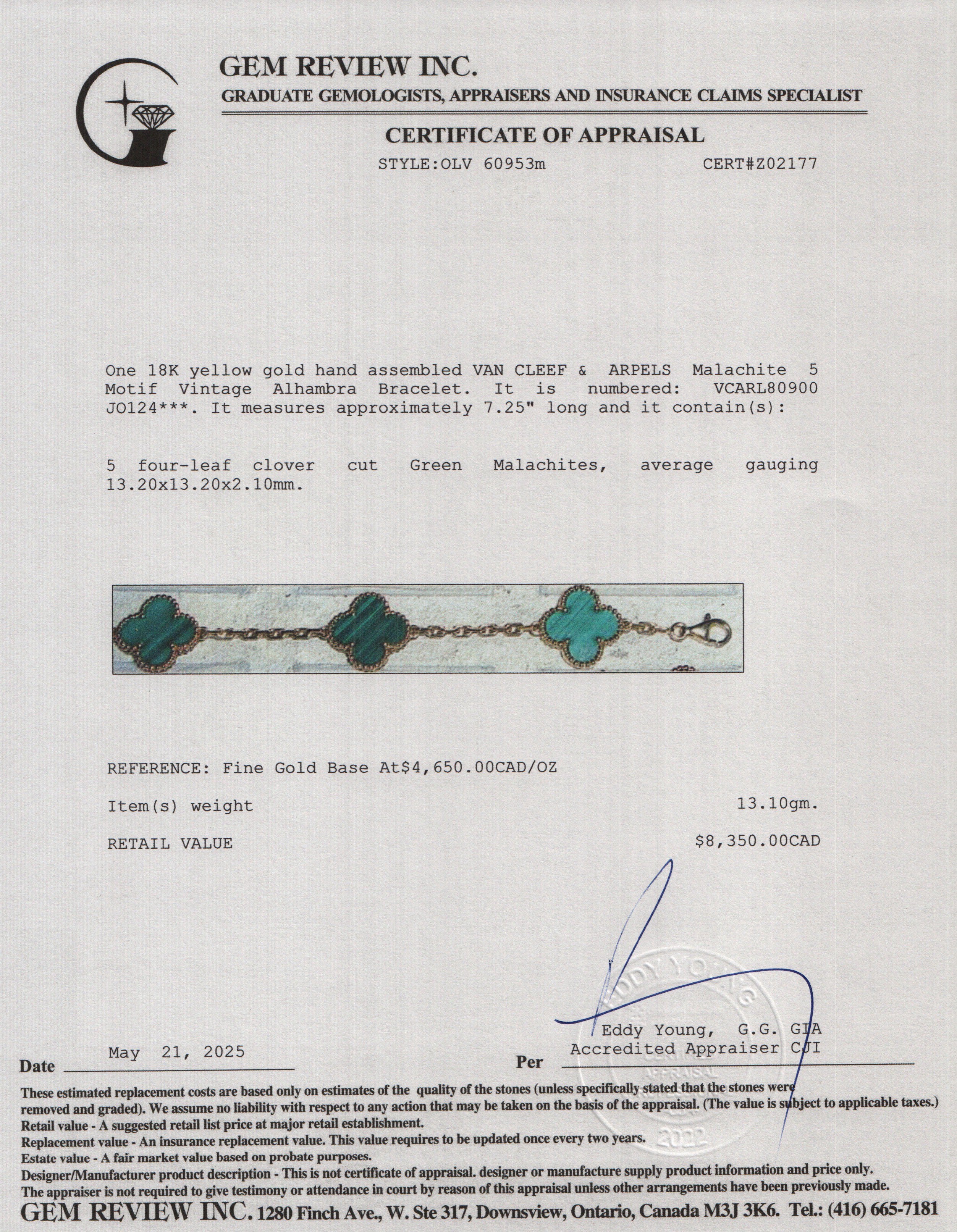 Van Cleef & Arpels 2024 18k Yellow Gold Vintage 5 Motif Malachite Bracelet w/ Box & Certificate