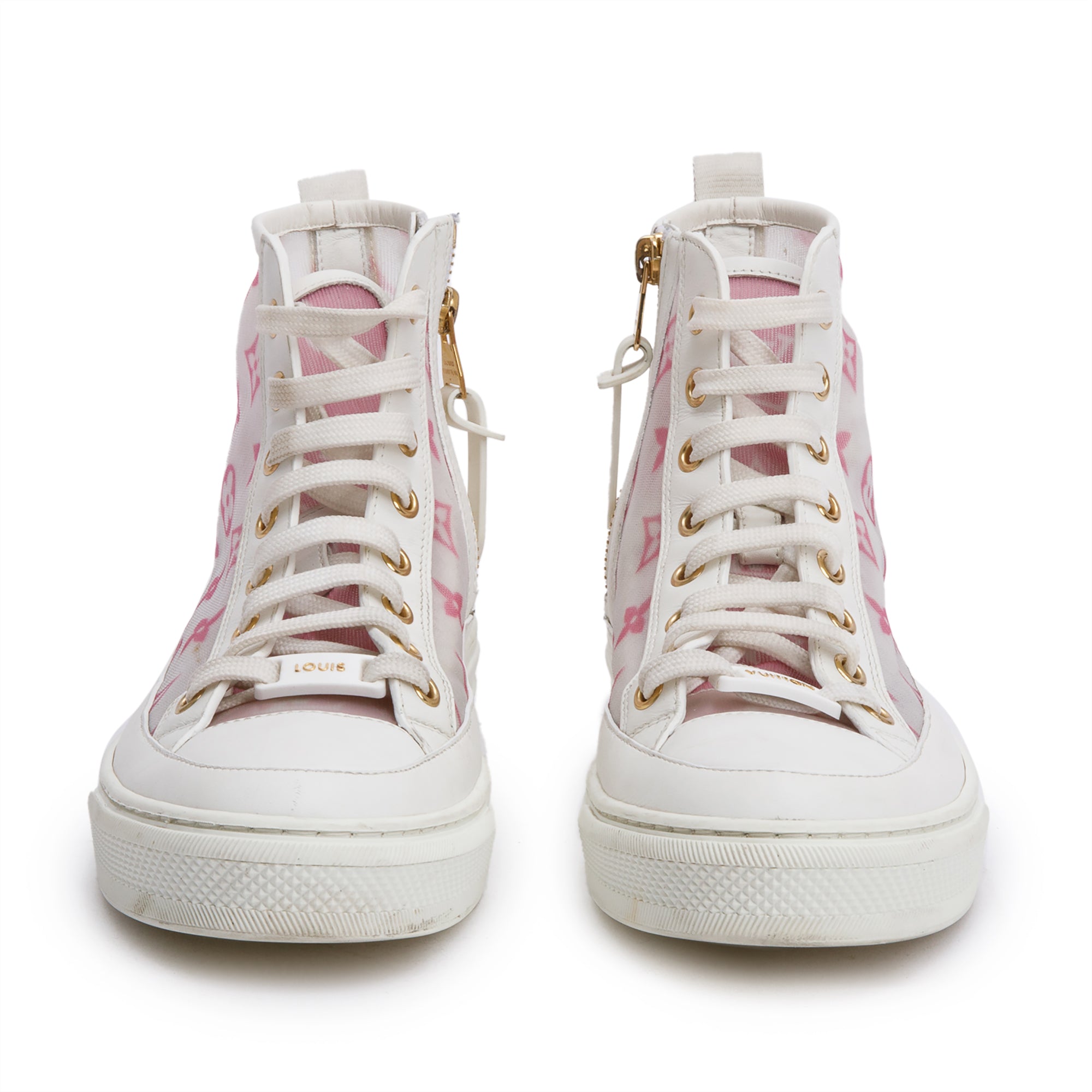 Louis Vuitton 2020 White Leather Pink Monogram Mesh Stellar Sneakers, Size 36