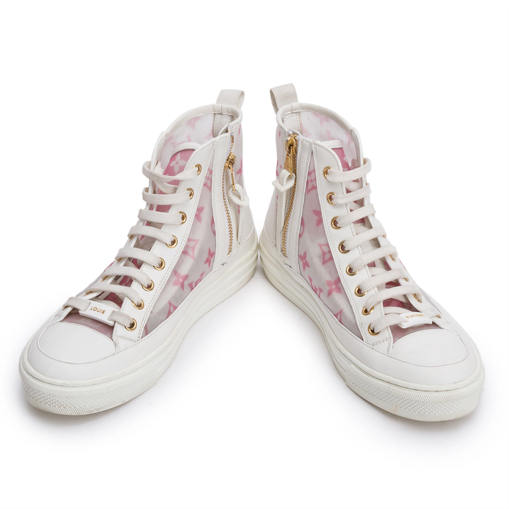 Louis Vuitton 2020 White Leather Pink Monogram Mesh Stellar Sneakers, Size 36