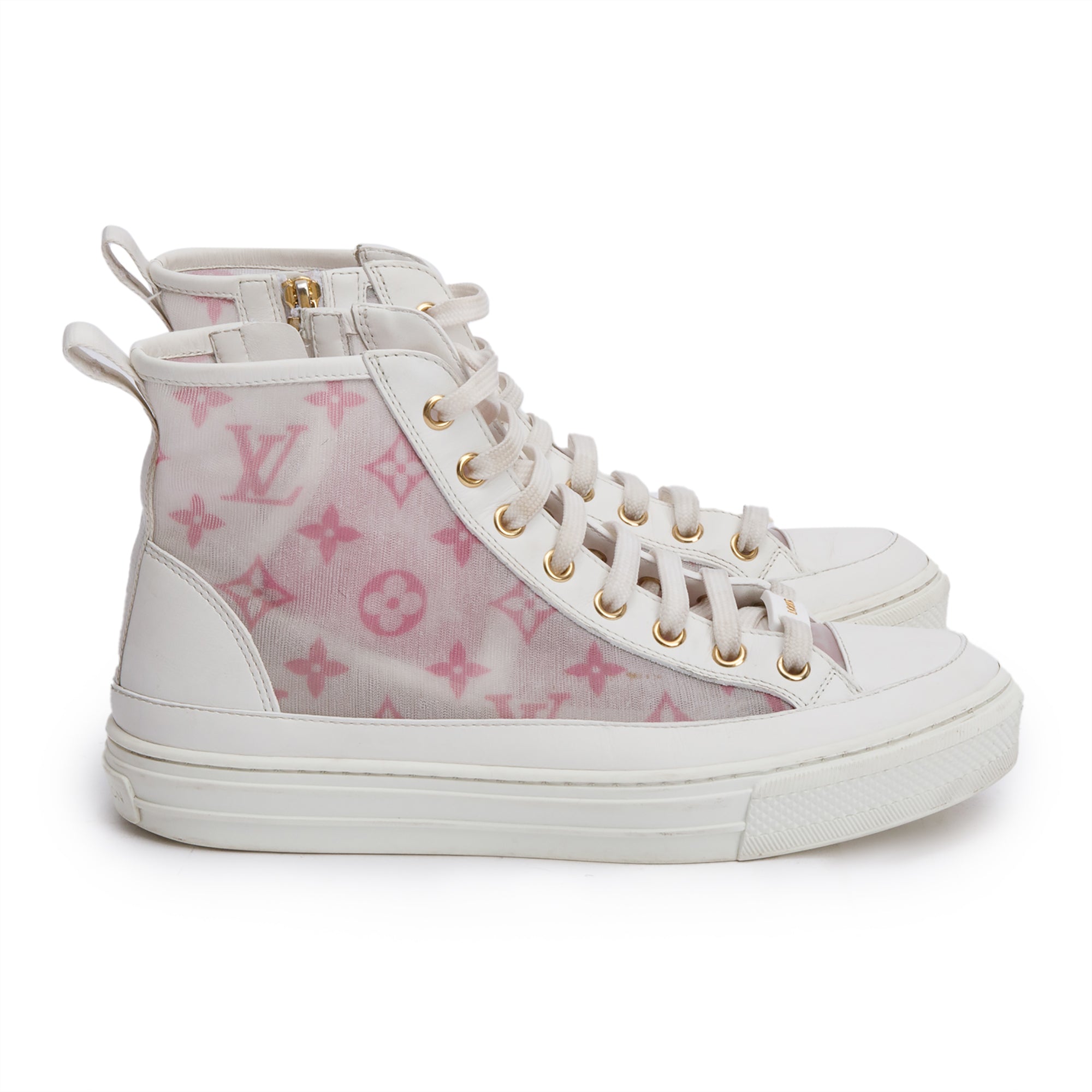 Louis Vuitton 2020 White Leather Pink Monogram Mesh Stellar Sneakers, Size 36