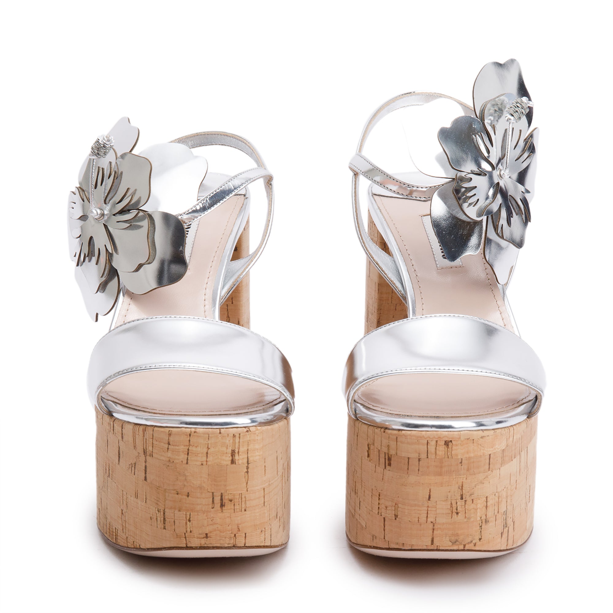 Miu Miu Metallic Silver Leather Floral Accent Sling Back Platform Pumps, Size 40