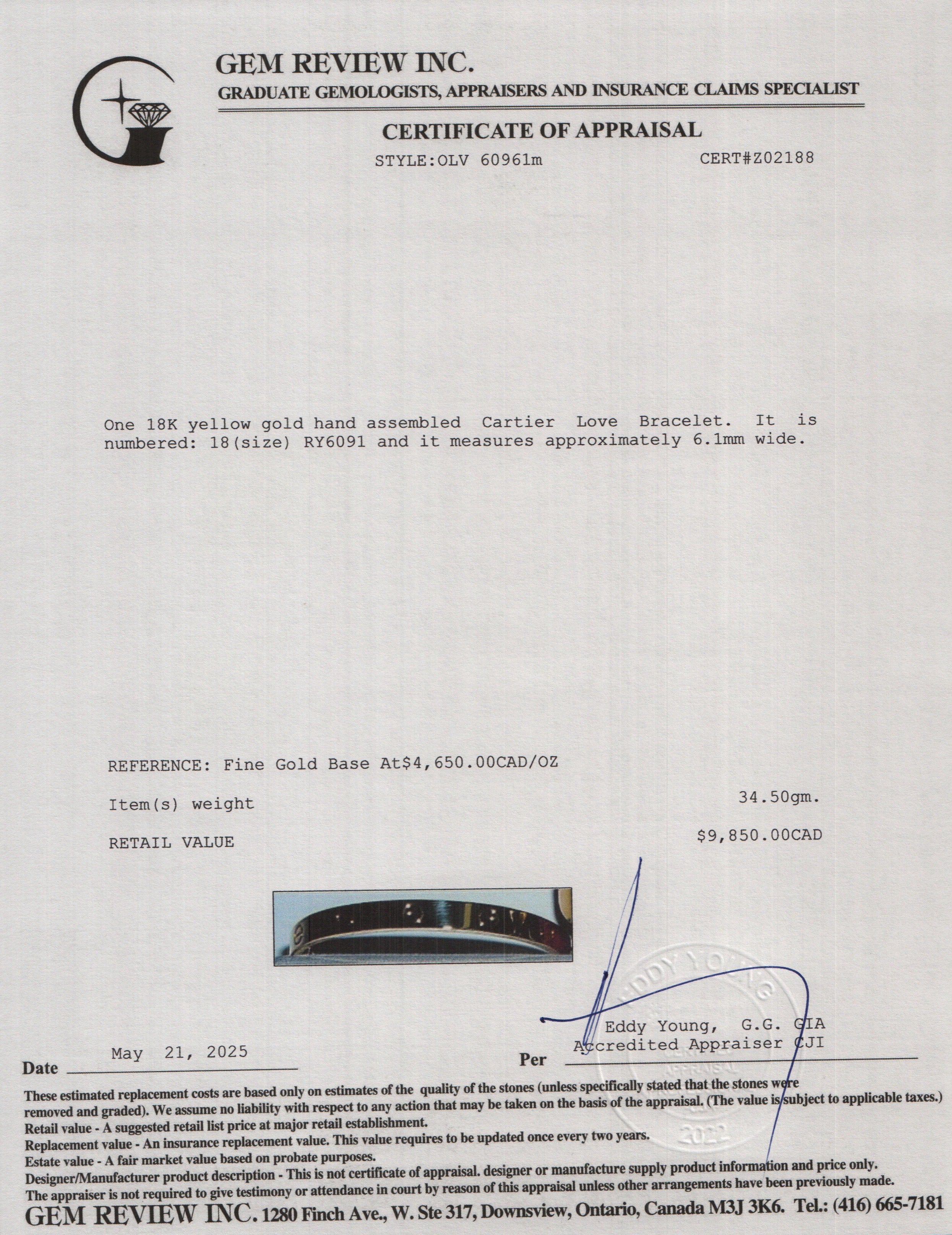 Cartier 18k Yellow Gold Love Bracelet, Classic Model, Size 18 w/ Box & Certificate