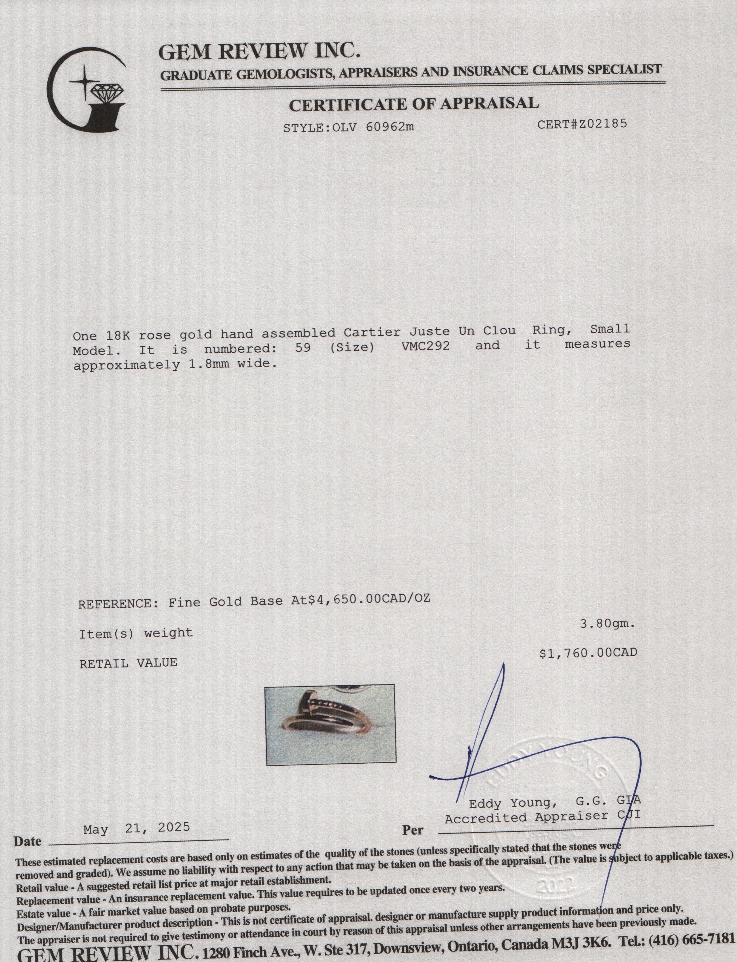 Cartier 2024 18k Rose Gold Juste Un Clou Ring, Small Model, Size 59 8.75 w/ Box, Receipt & Certificate