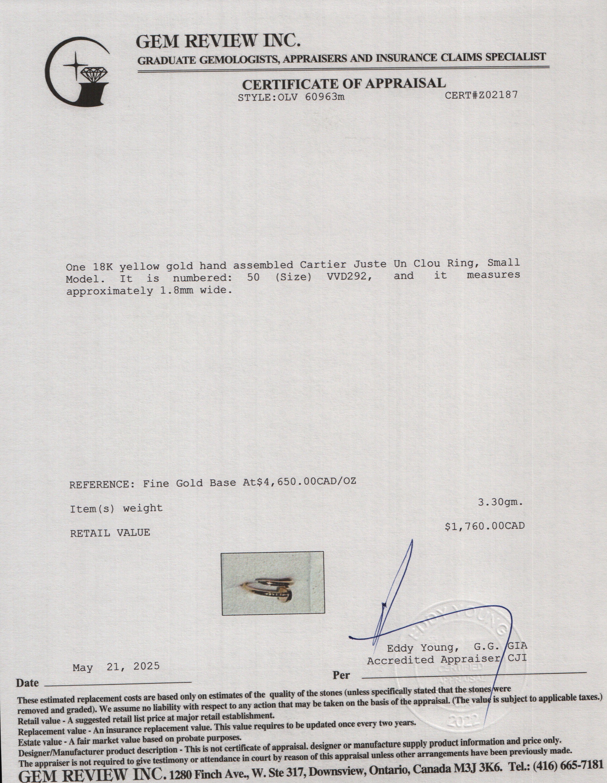 Cartier 2023 18k Yellow Gold Juste Un Clou Ring, Small Model, Size 50 5.25 w/ Box, Receipt & Certificate