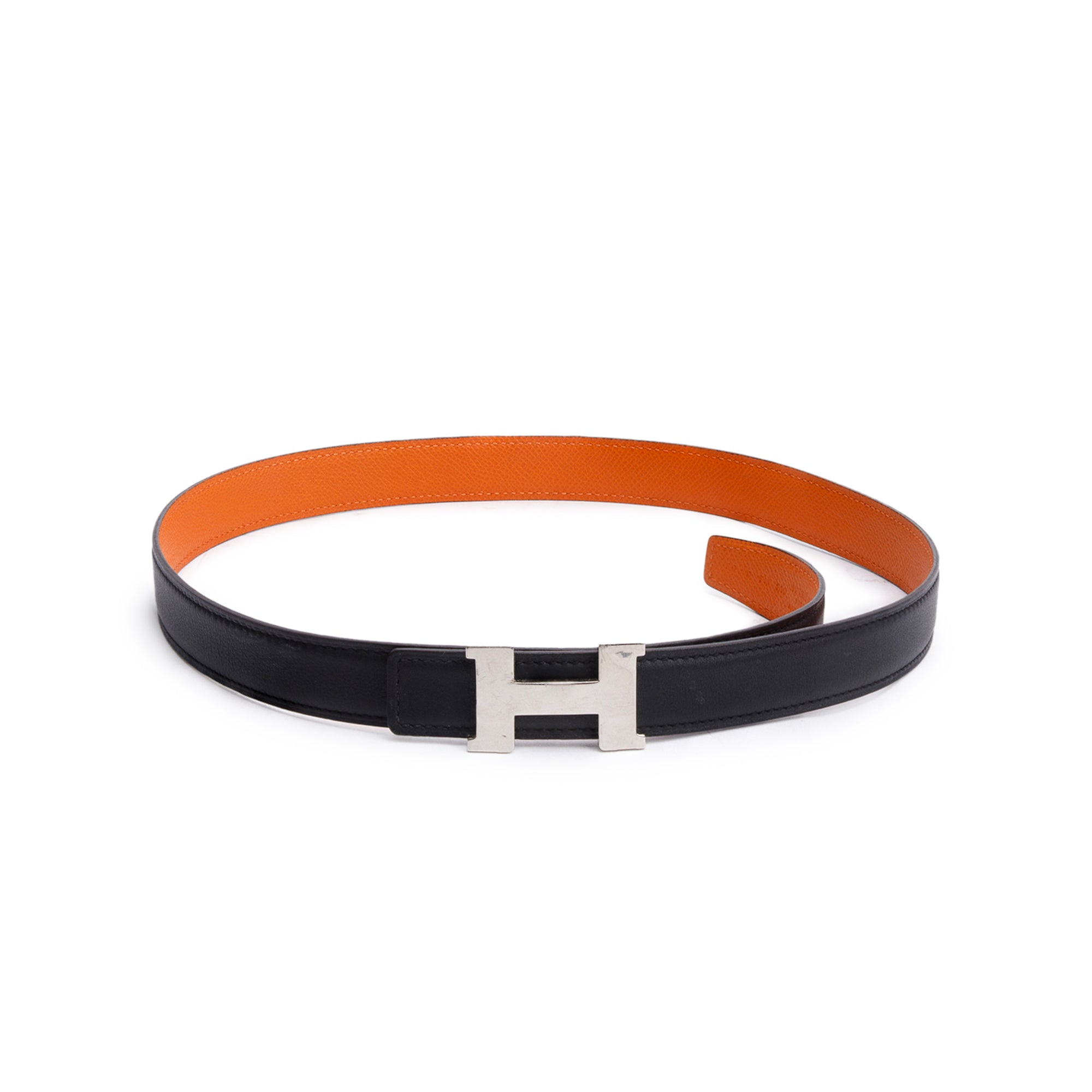 Hermes Noir/Orange Swift & Epsom Leather Reversible 24 MM Palladium Plated Mini H Belt Kit