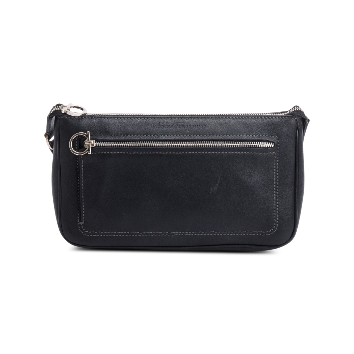Ferragamo Black Leather Double Gancini Mini Pochetter Bag