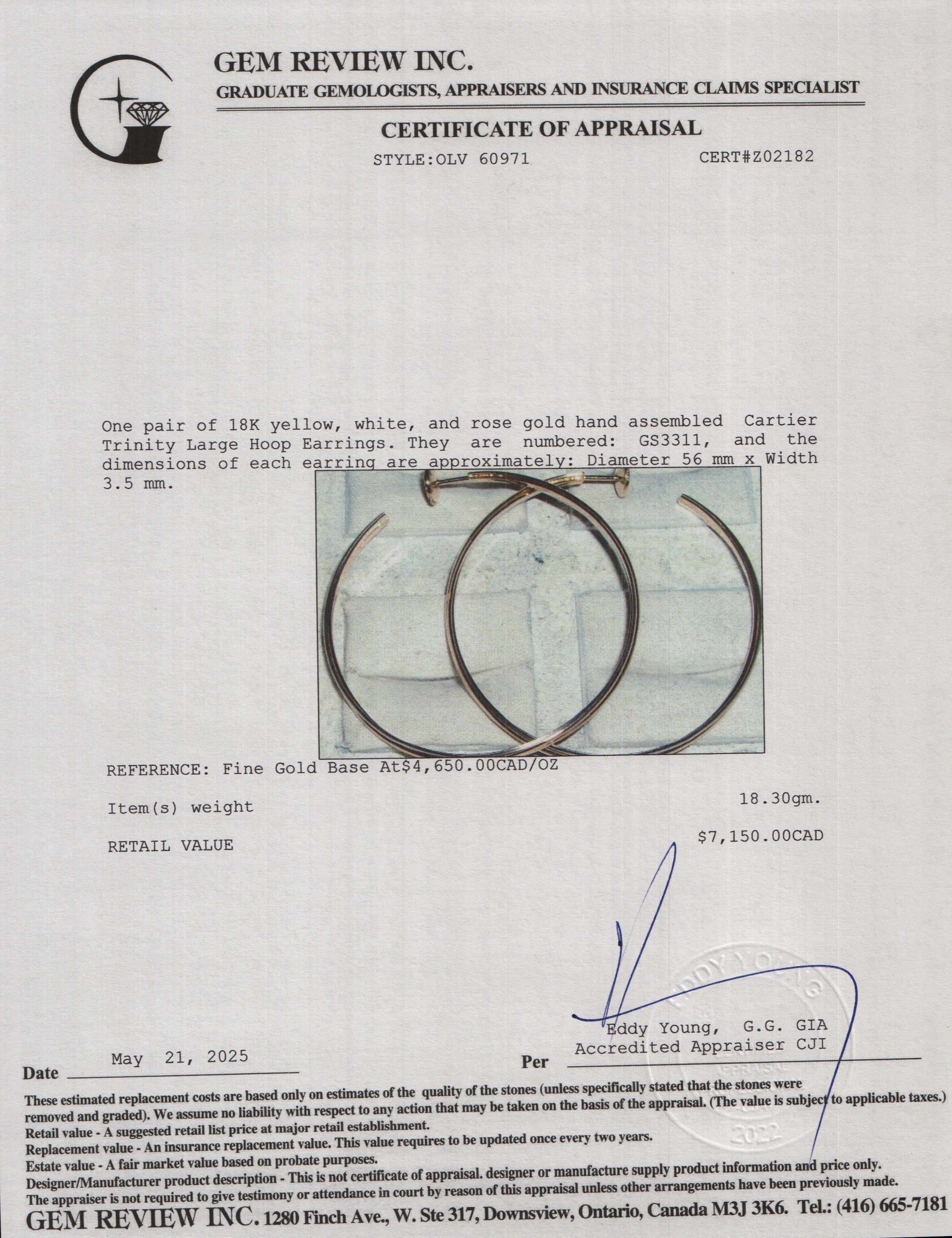 Cartier 18k Yellow, White & Rose Gold Trinity Large Hoop Earrings w/ Certificate