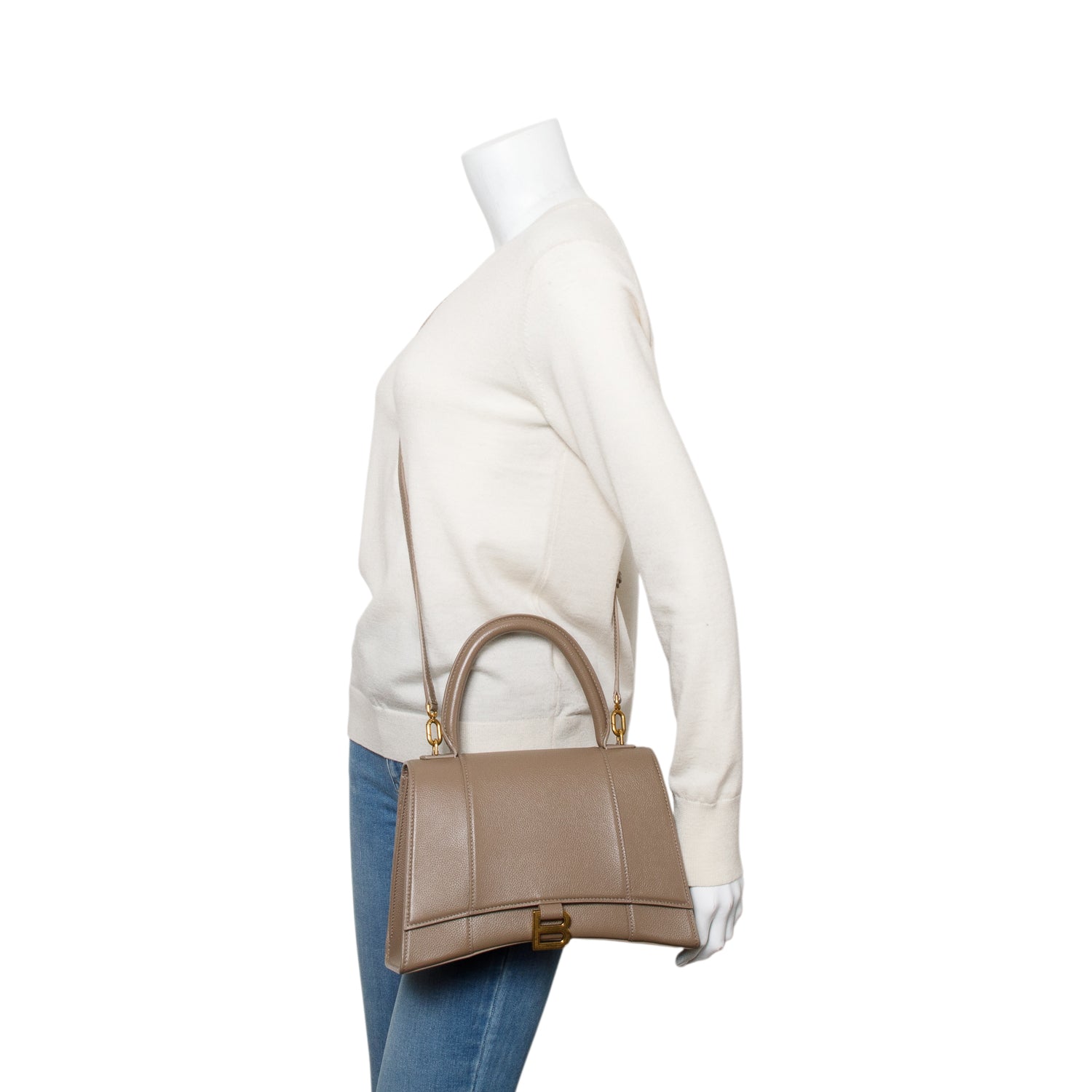 Balenciaga Beige Grained Leather Medium Hourglass Top Handle Bag w/ Strap