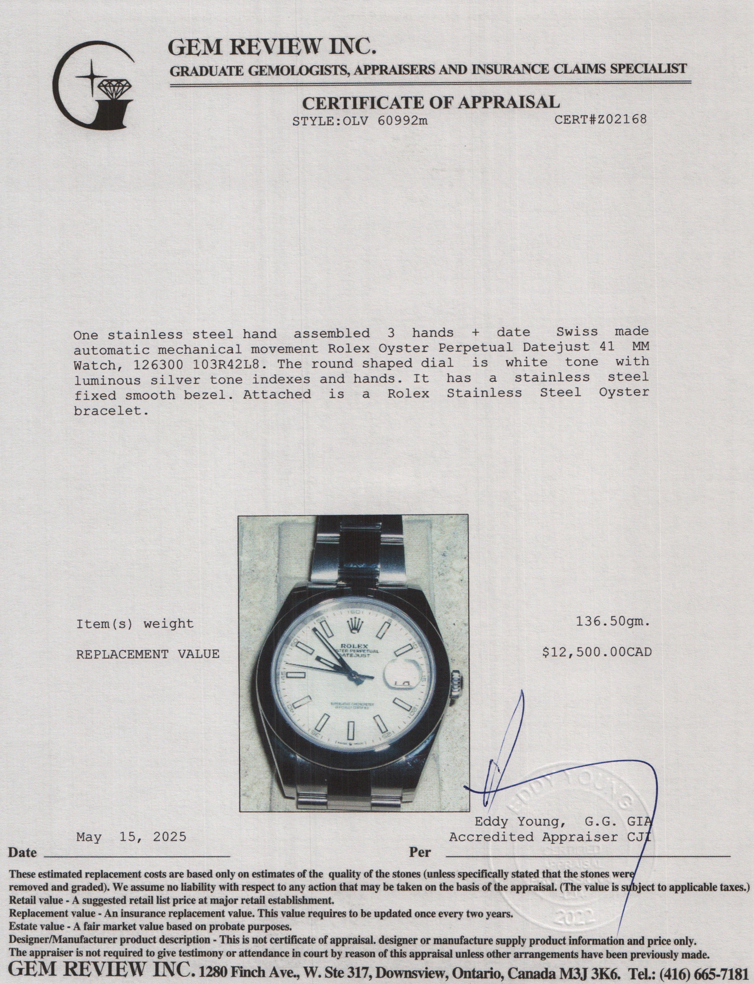 Rolex 2023 Stainless Steel Oyster Perpetual White Dial Datejust 41 MM Watch 126300 w/ Box & Papers