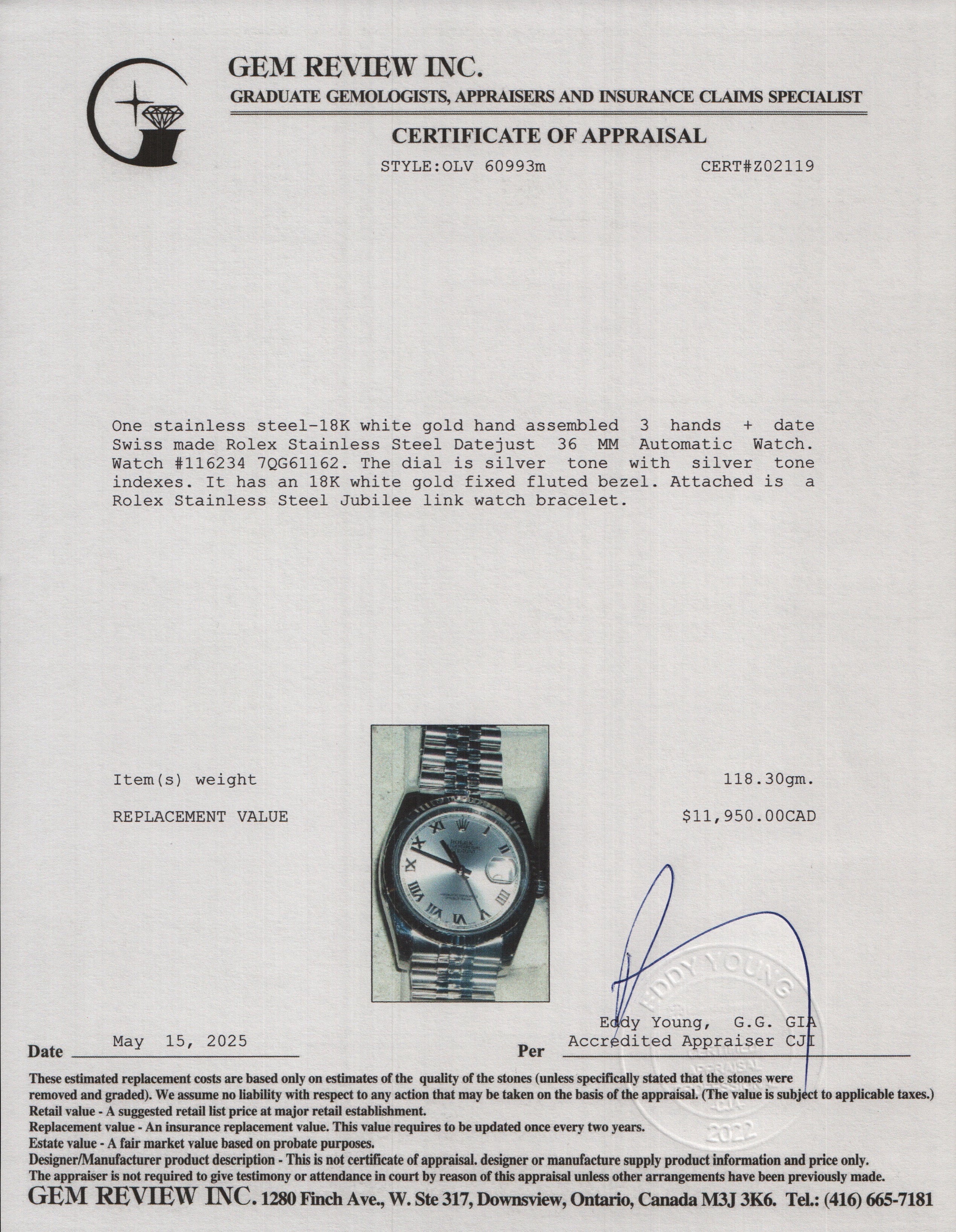 Rolex Stainless Steel Datejust 36 MM Silver Roman Dial Automatic Watch 116234 w/ Box & Papers