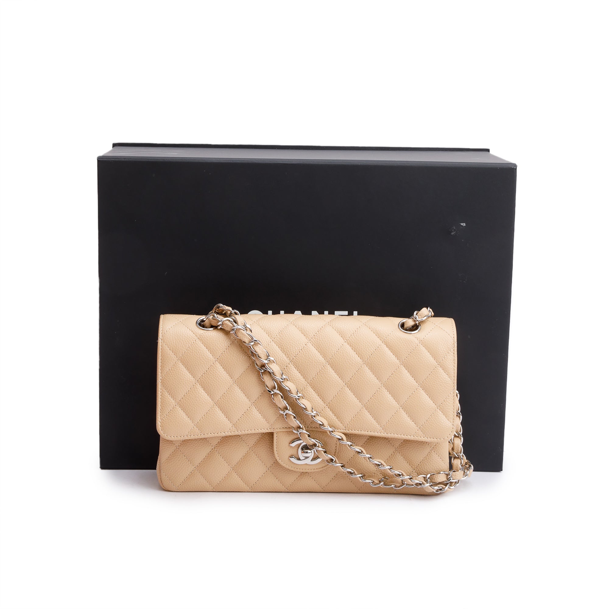 Chanel Beige Quilted Caviar Leather Classic Medium Double Flap Bag w/ Box & Authenticity Card