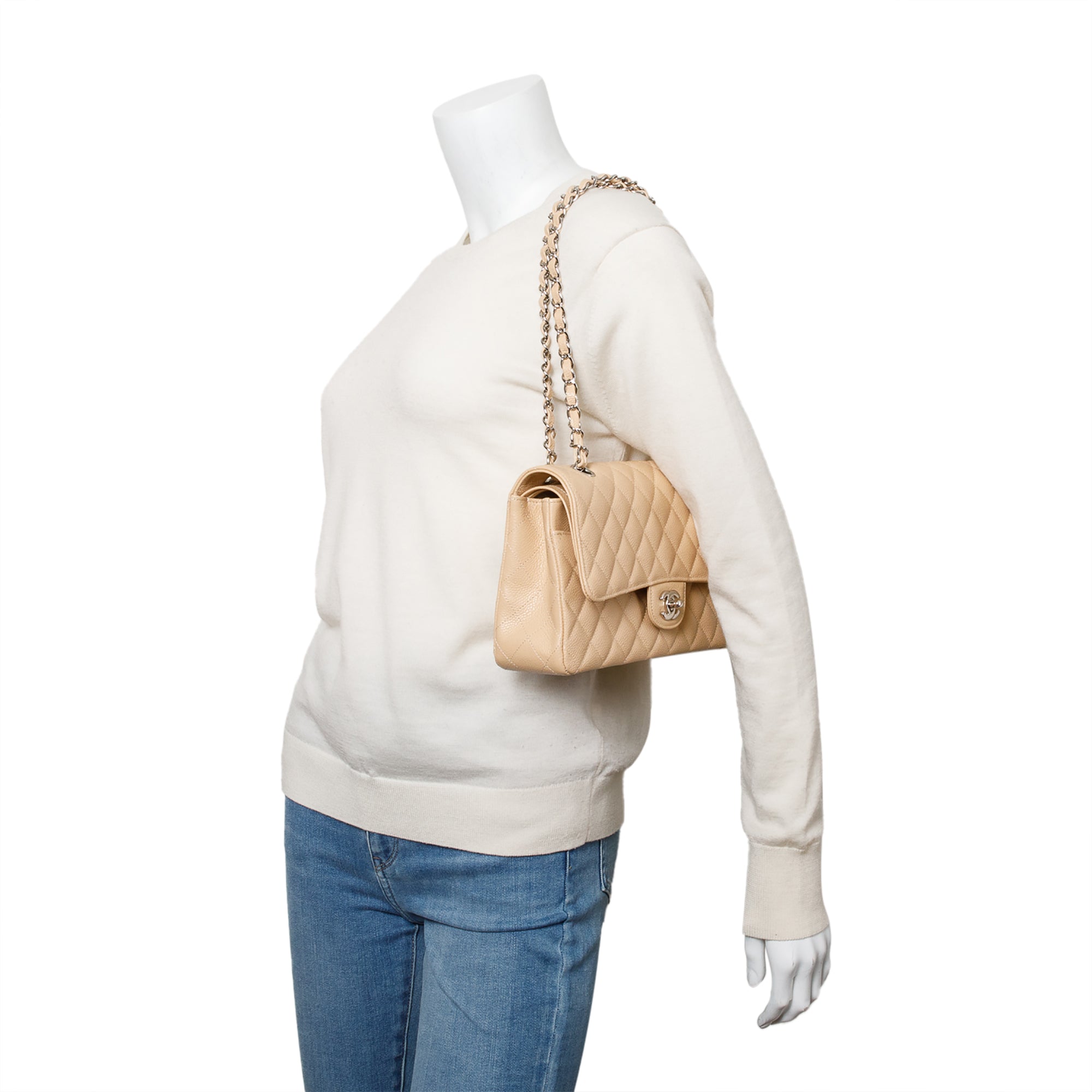 Chanel Beige Quilted Caviar Leather Classic Medium Double Flap Bag w/ Box & Authenticity Card