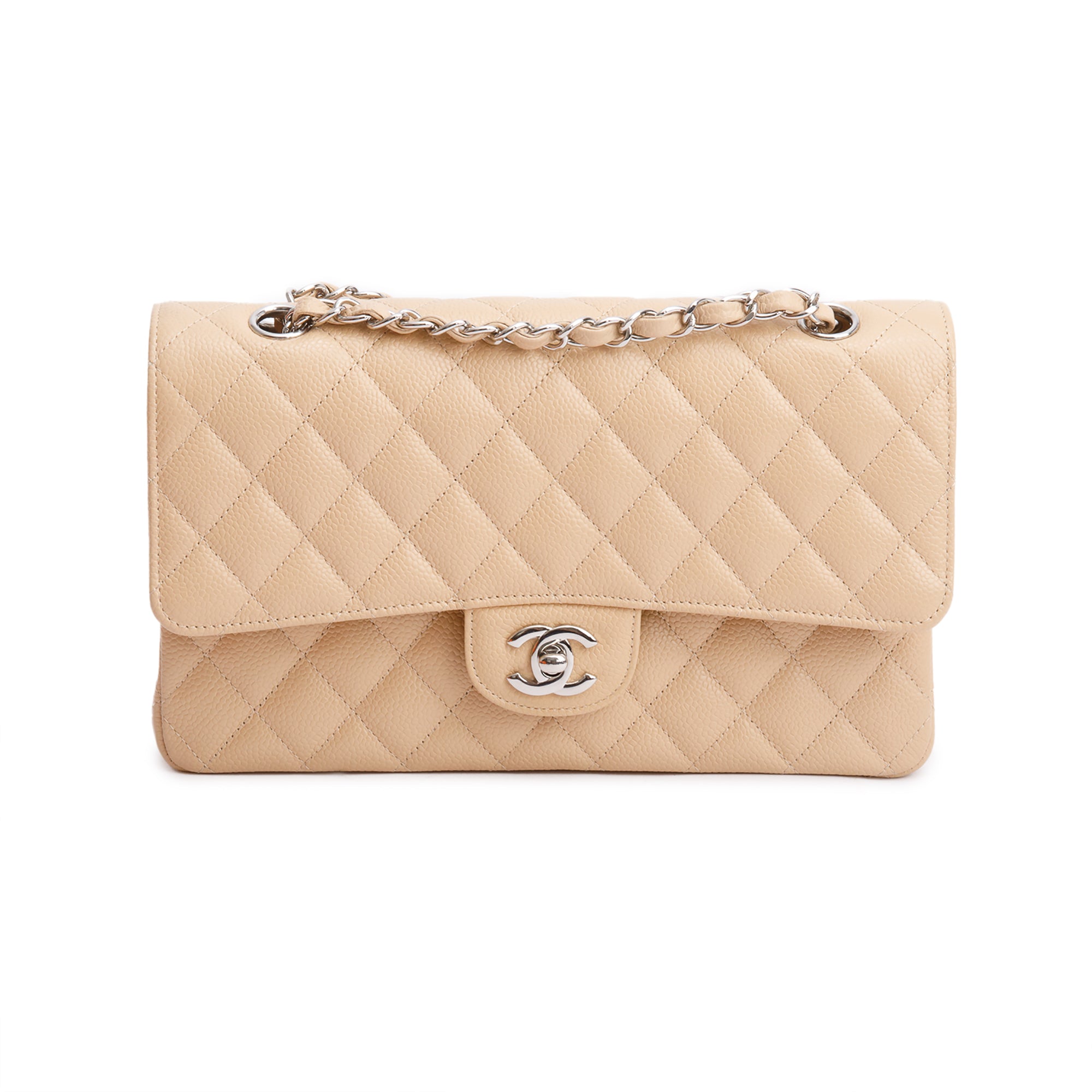 Chanel Beige Quilted Caviar Leather Classic Medium Double Flap Bag w/ Box & Authenticity Card