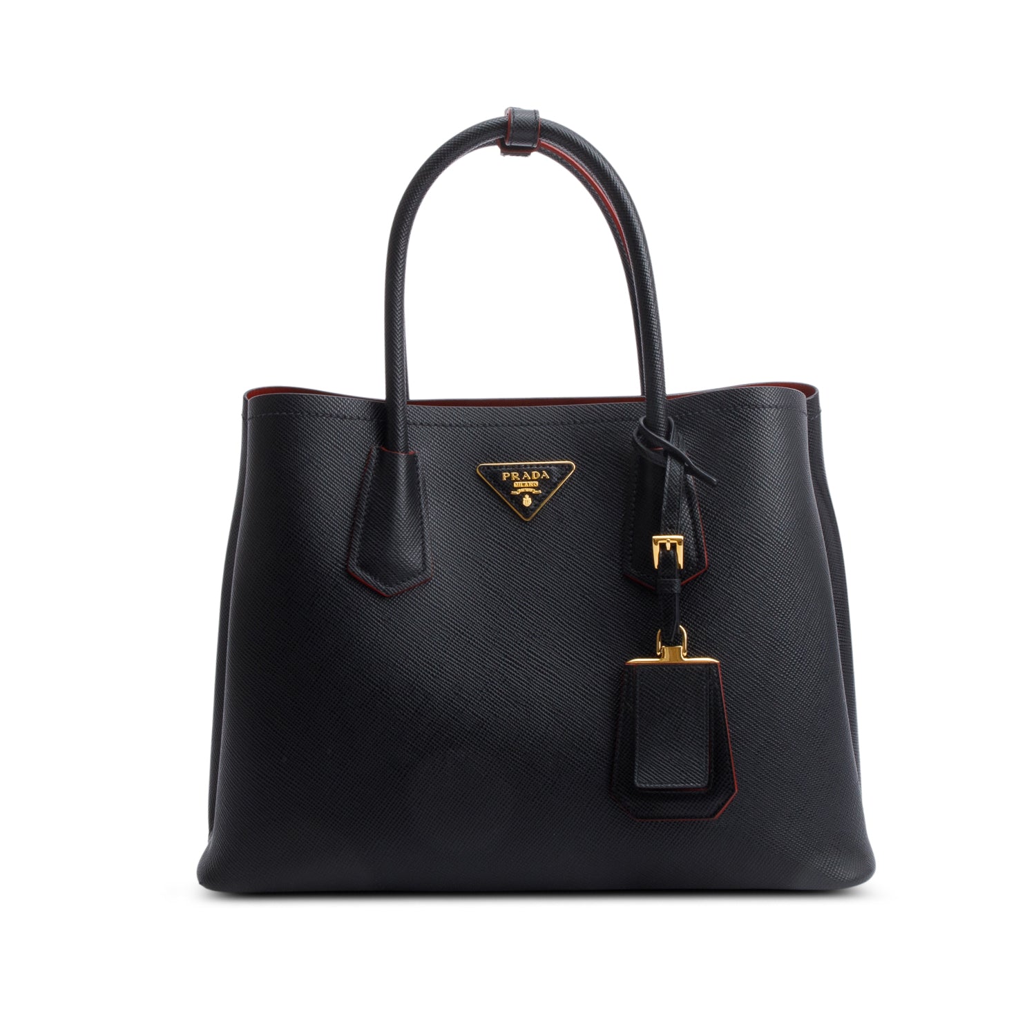 Prada Black Saffiano Lux Medium Cuir Double Tote w/ Strap, Box & Authenticity Card