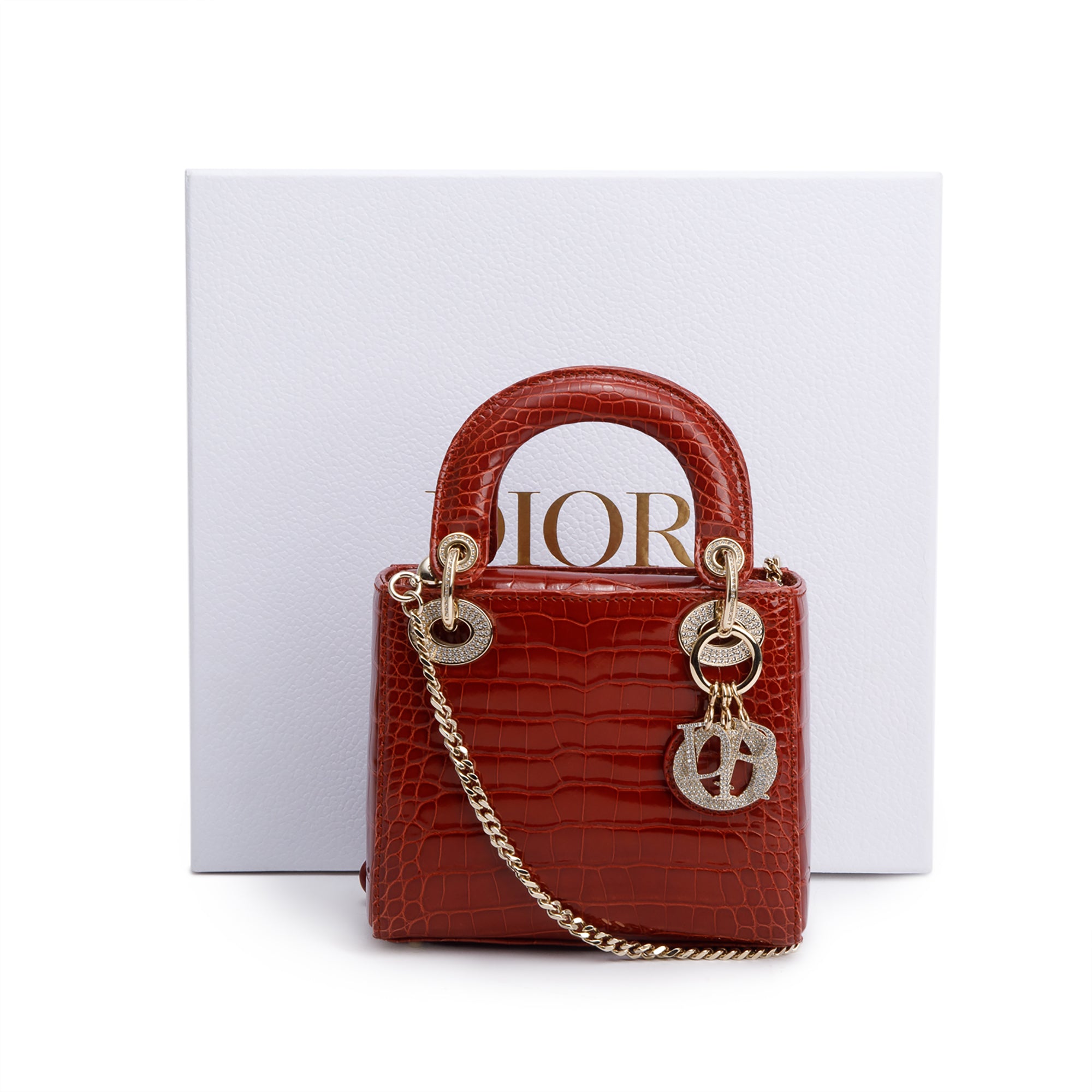 Christian Dior Red Crocodile Crystal Embellished Mini Lady Dior Bag w/ Strap, Box, Receipt & Authenticity Card