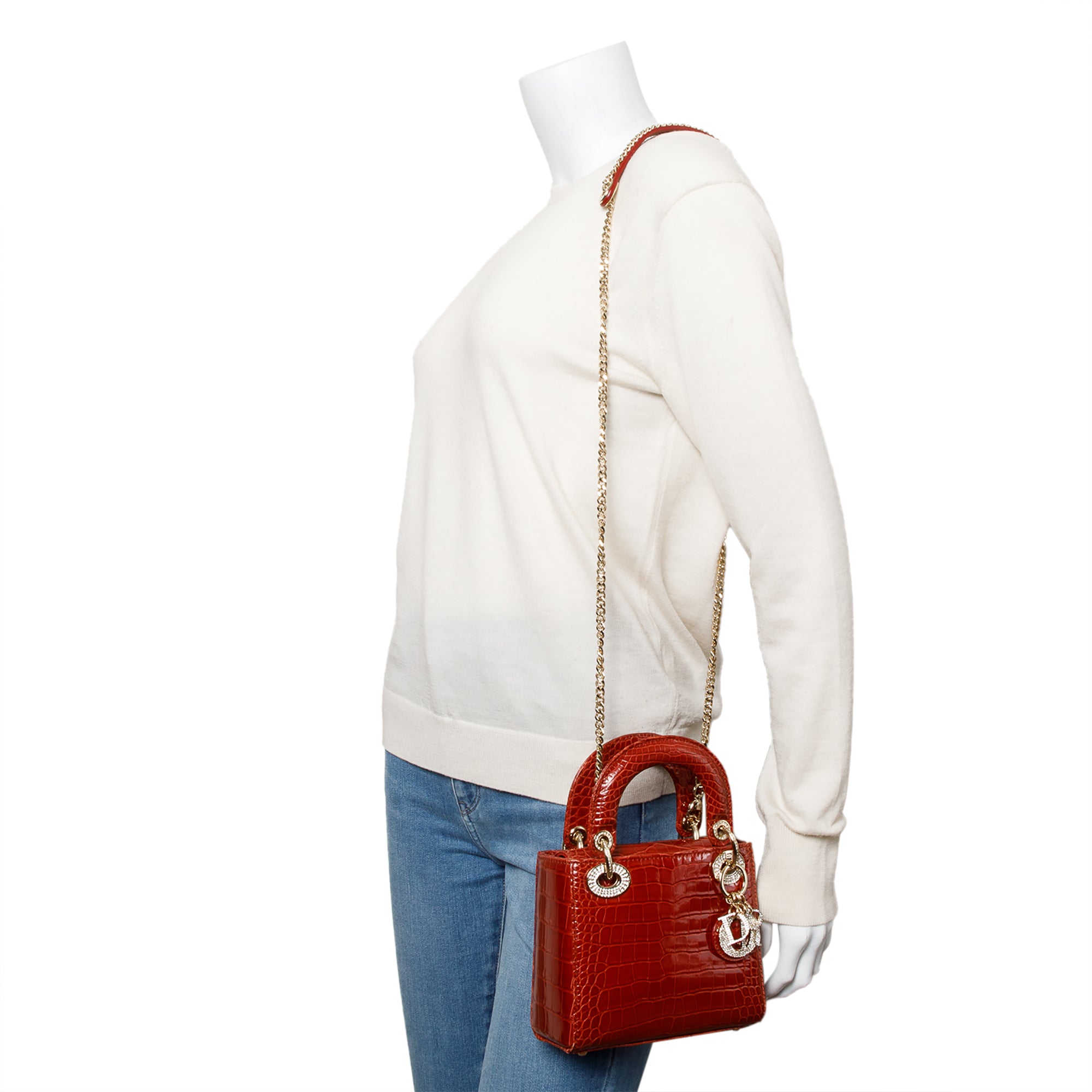 Christian Dior Red Crocodile Crystal Embellished Mini Lady Dior Bag w/ Strap, Box, Receipt & Authenticity Card