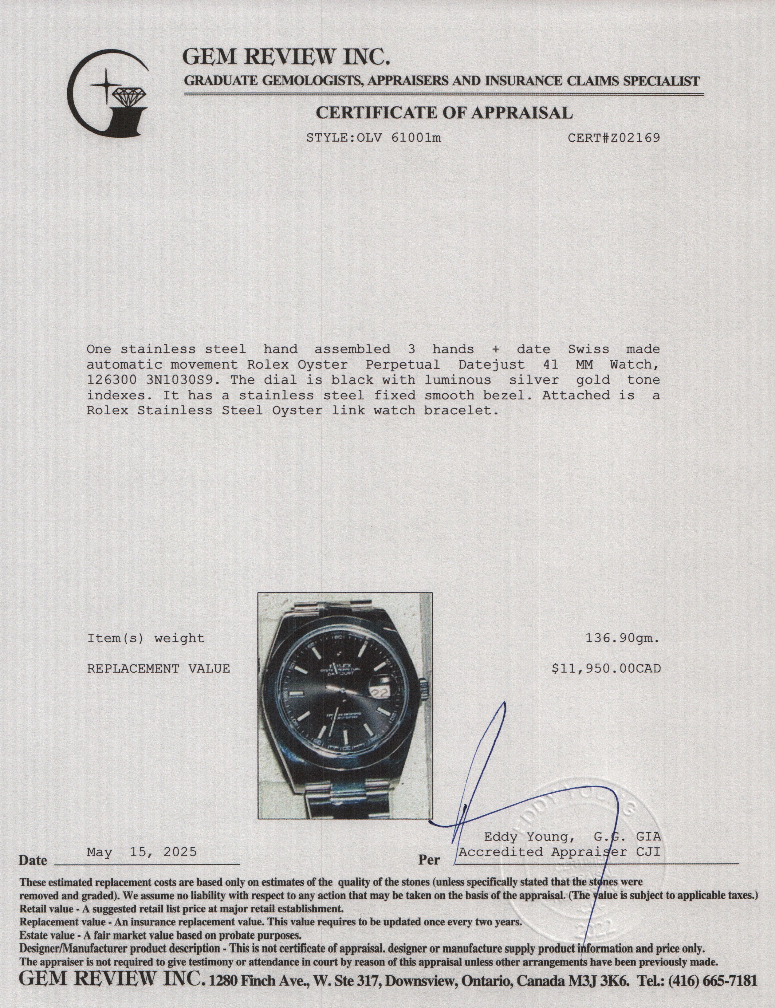 Rolex Stainless Steel Oyster Perpetual Black Dial Datejust 41 MM Watch 126300 w/ Box & Papers