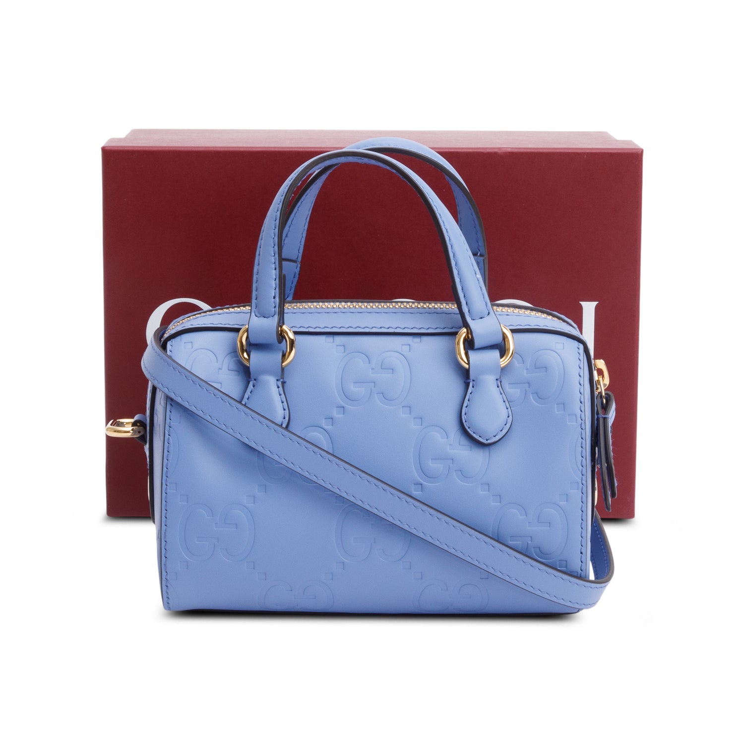 Gucci Blue Embossed GG Calfskin Leather Mini Boston Top Handle Bag w/ Strap & Box