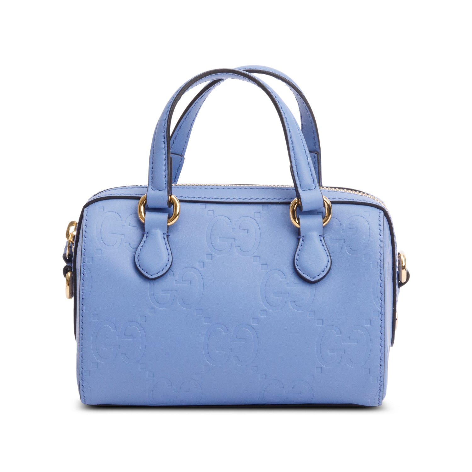 Gucci Blue Embossed GG Calfskin Leather Mini Boston Top Handle Bag w/ Strap & Box