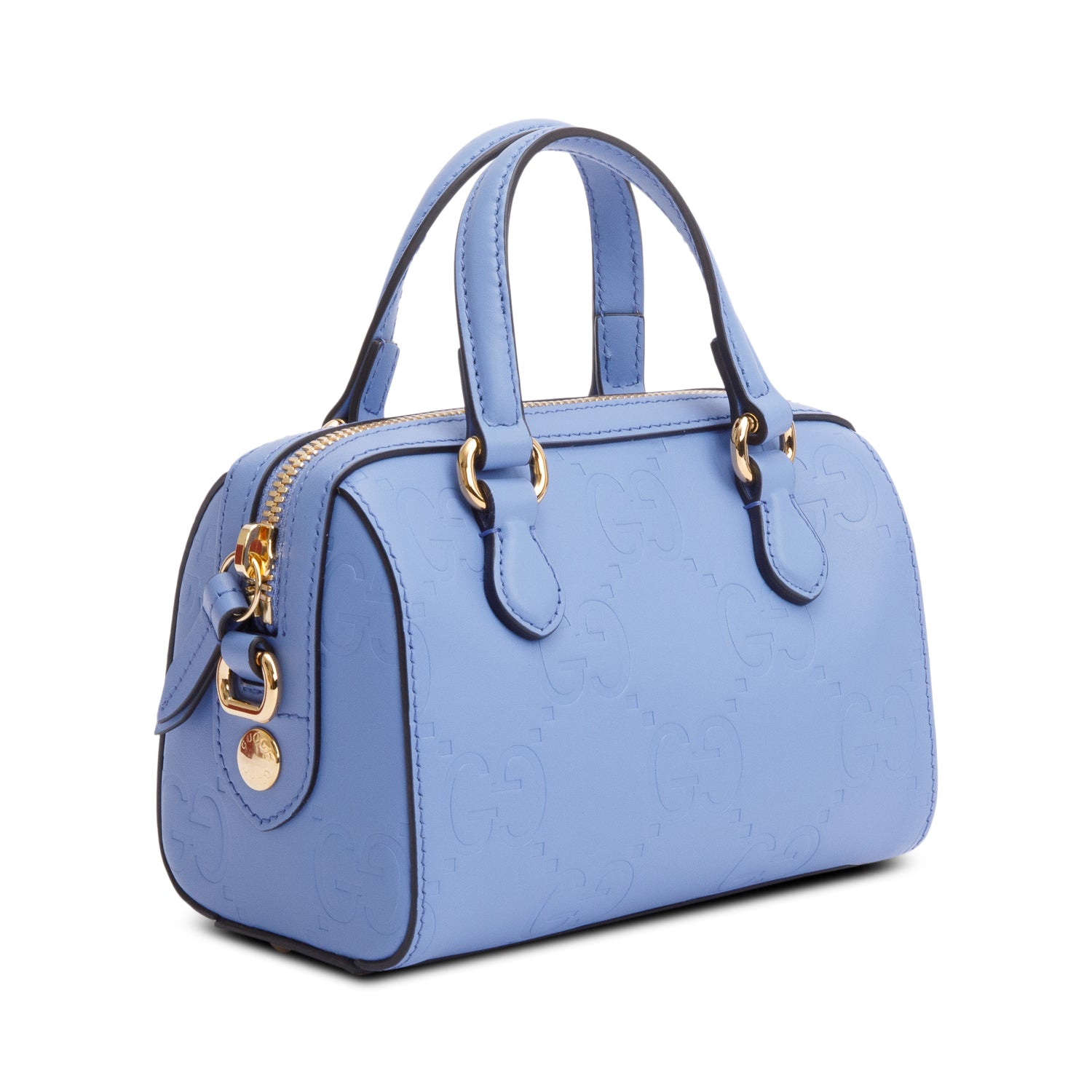 Gucci Blue Embossed GG Calfskin Leather Mini Boston Top Handle Bag w/ Strap & Box