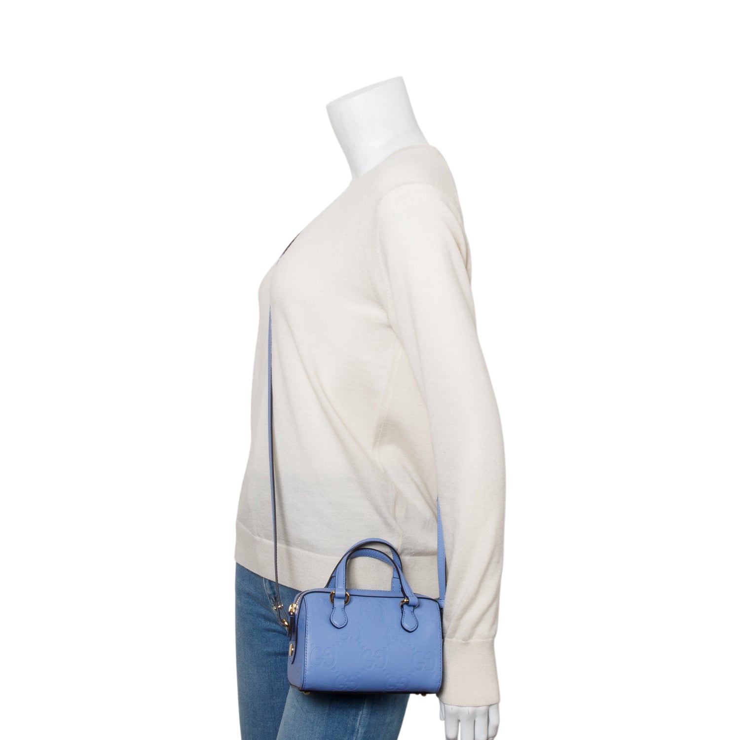 Gucci Blue Embossed GG Calfskin Leather Mini Boston Top Handle Bag w/ Strap & Box