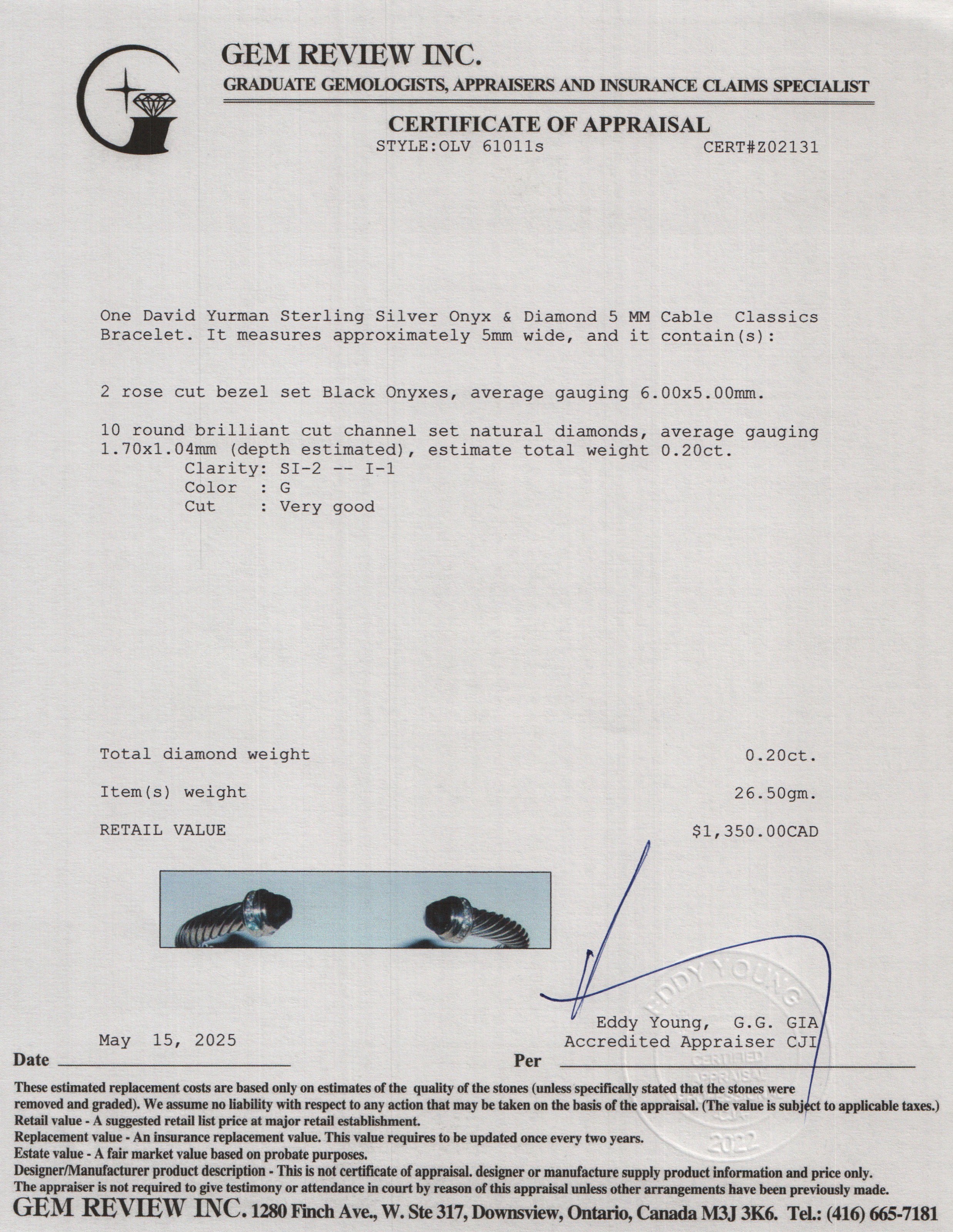 David Yurman Sterling Silver Onyx & Diamond 5 MM Cable Classics Bracelet w/ Box