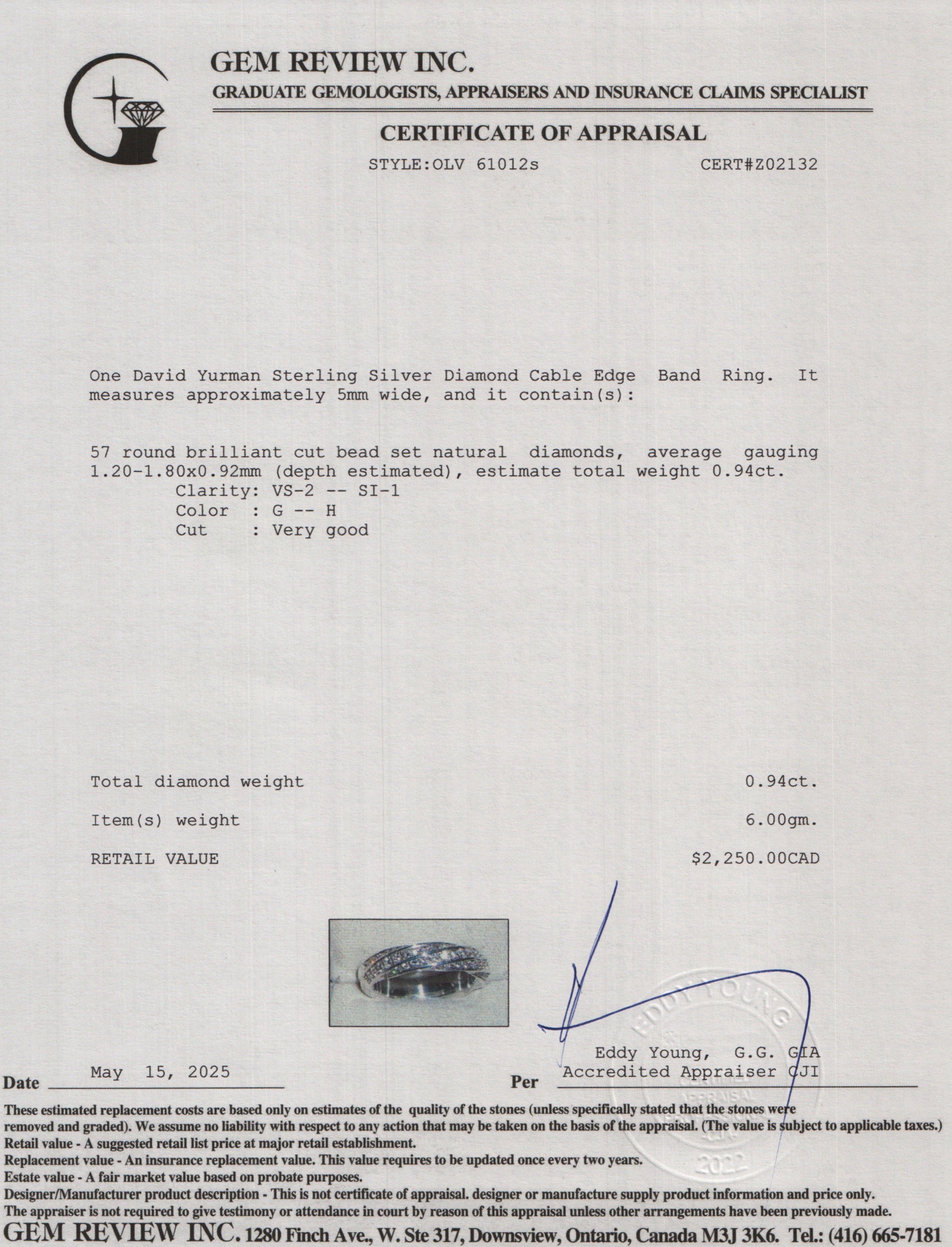 David Yurman Sterling Silver Diamond Cable Edge 5 MM Band Ring, Size 7.25